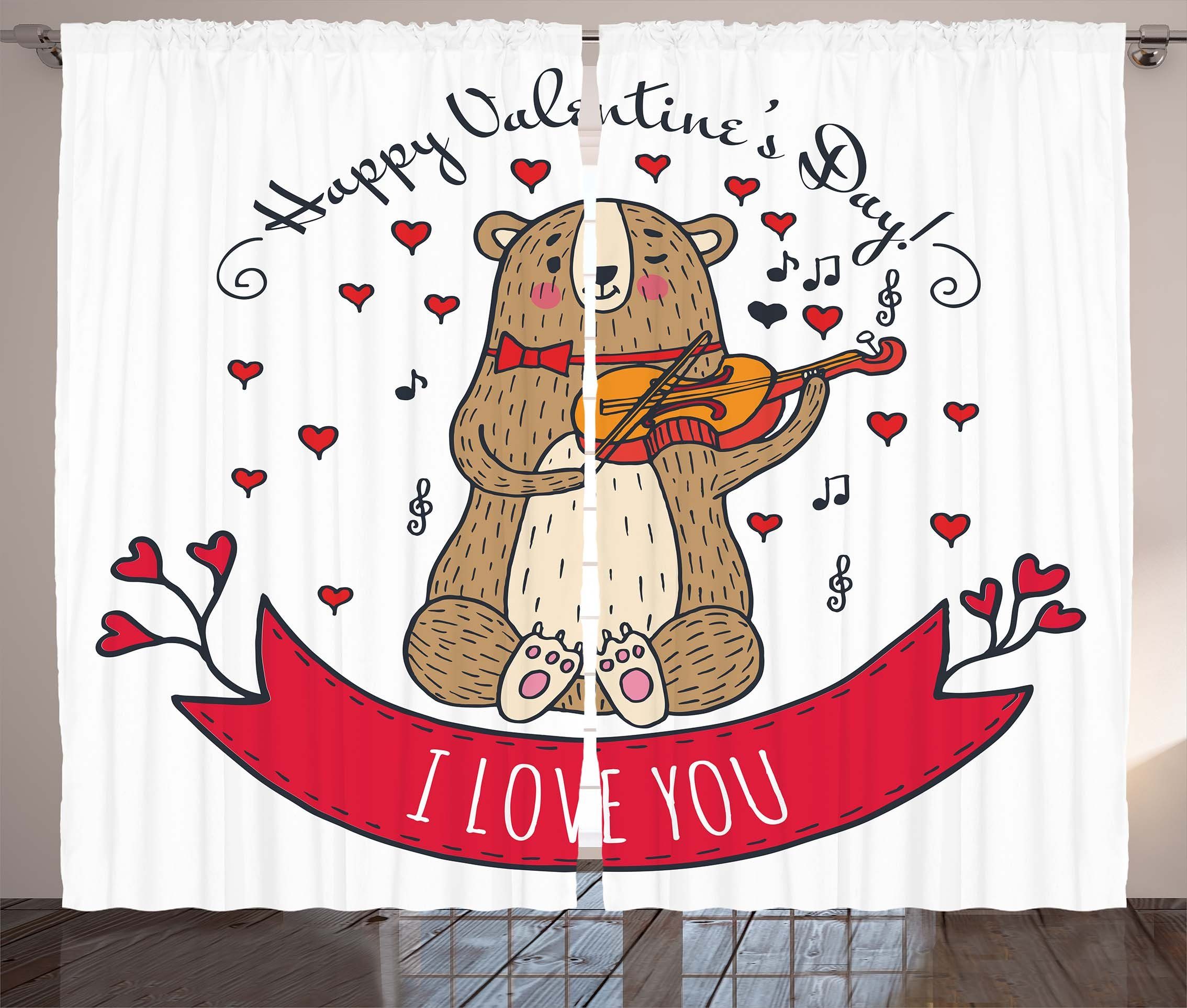 Gardine Schlafzimmer Kräuselband Vorhang mit Schlaufen und Haken, Abakuhaus, Valentinstag Bär und Violine | Fertiggardinen