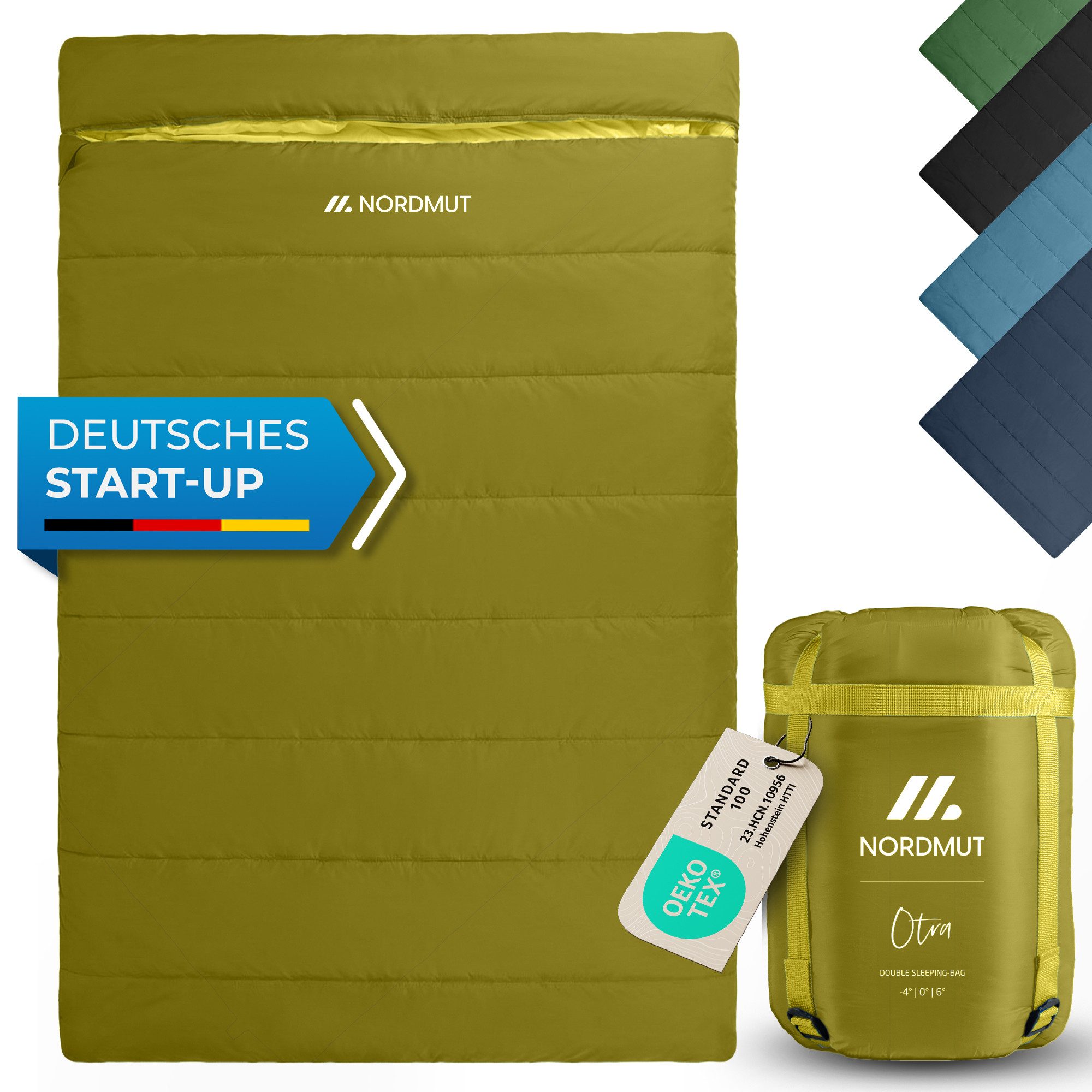 Nordmut Doppelschlafsack Deckenschlafsack XXL 2 Personen Camping Outdoor, warm, koppelbar (Spar-Set, 2 tlg., Nordmut Otra + Kompressionsbeutel), wasserabweisend, kuschelwarm bis 6°C, YKK 2-Wege-RV, kleines Packmaß