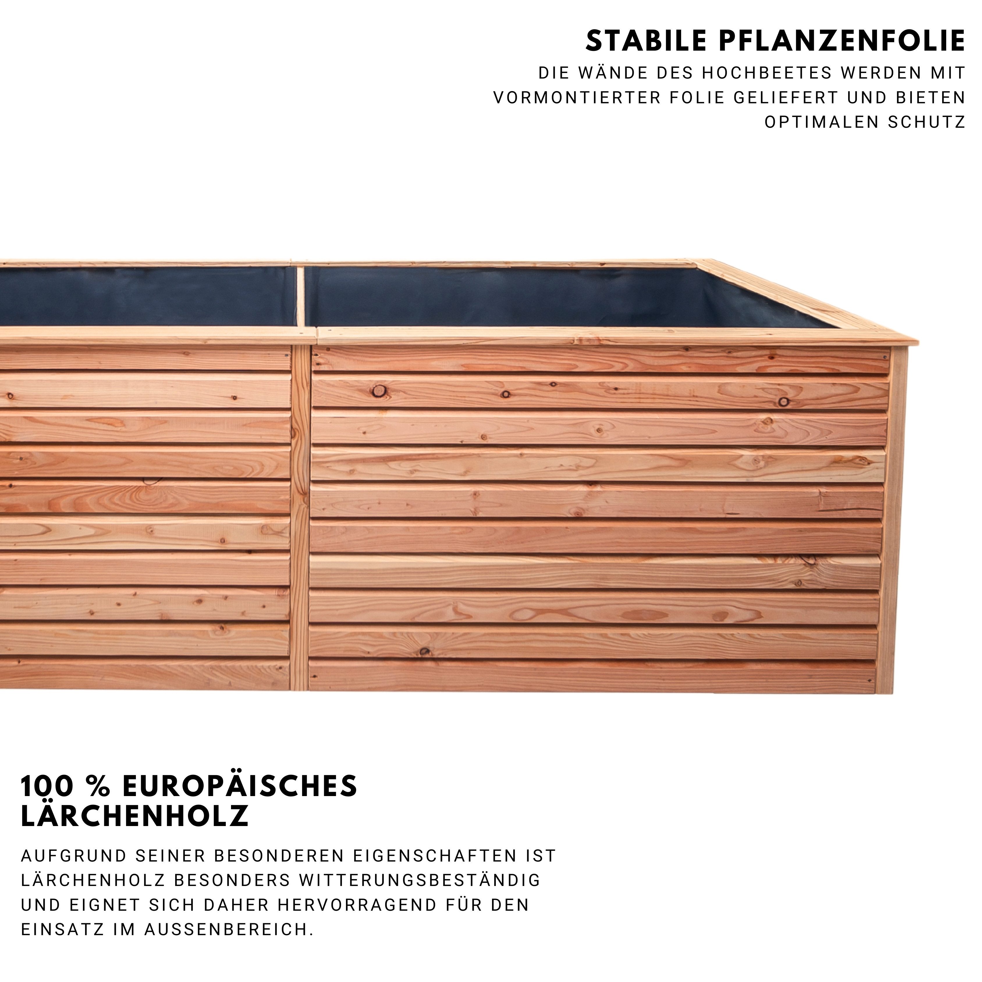Mega-Holz Hochbeet Mega-Holz Hochbeet Rhombus XXL aus heimischer Lärchenholz, 346x80x73cm, Holz Blumenbeet für den Garten inkl. Pflanzfolie