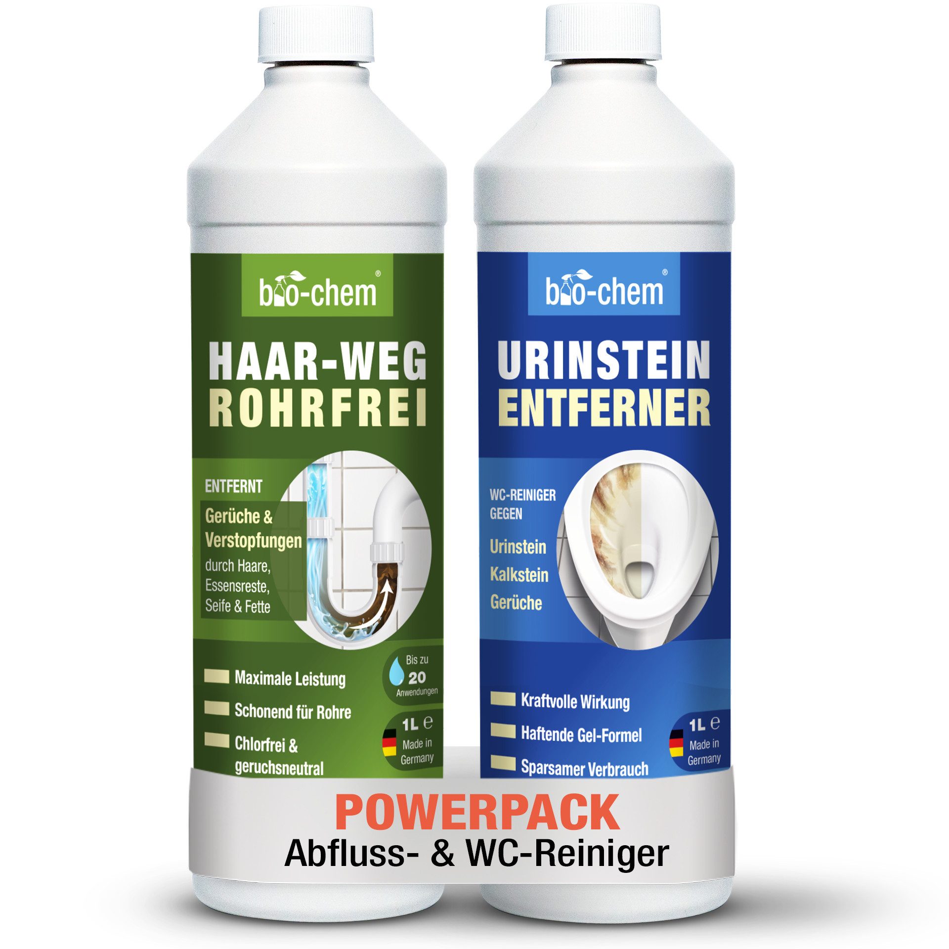 bio-chem Bad Reinigungsset 2-teilig – Abflussreiniger & Urinsteinentferner Badreiniger (Bad-Spezialmittel 2-teilig)