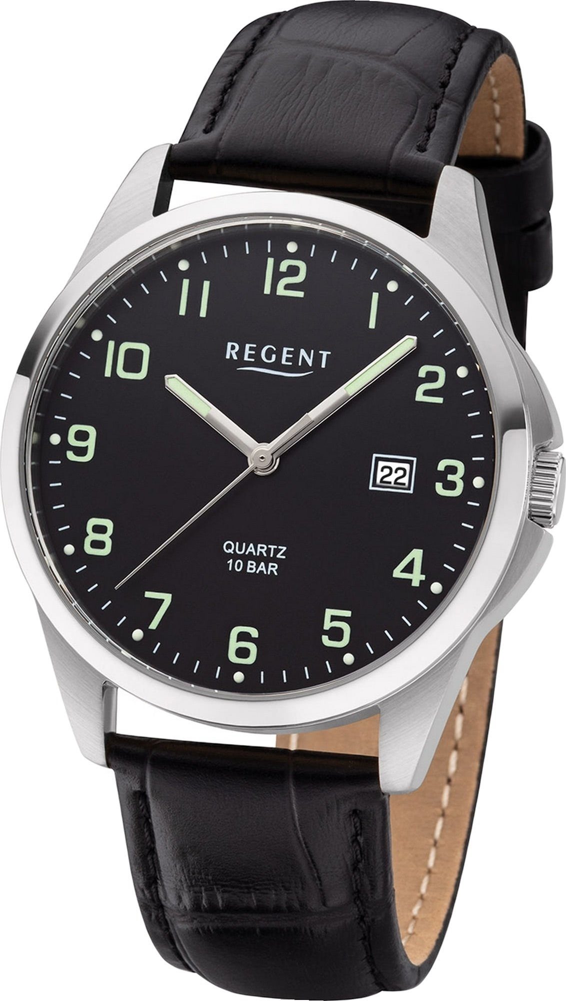 Regent Quarzuhr Regent Leder Herren Uhr F-1227 Analog, Herrenuhr Lederarmband schwarz, rundes Gehäuse, mittel (ca. 36mm)