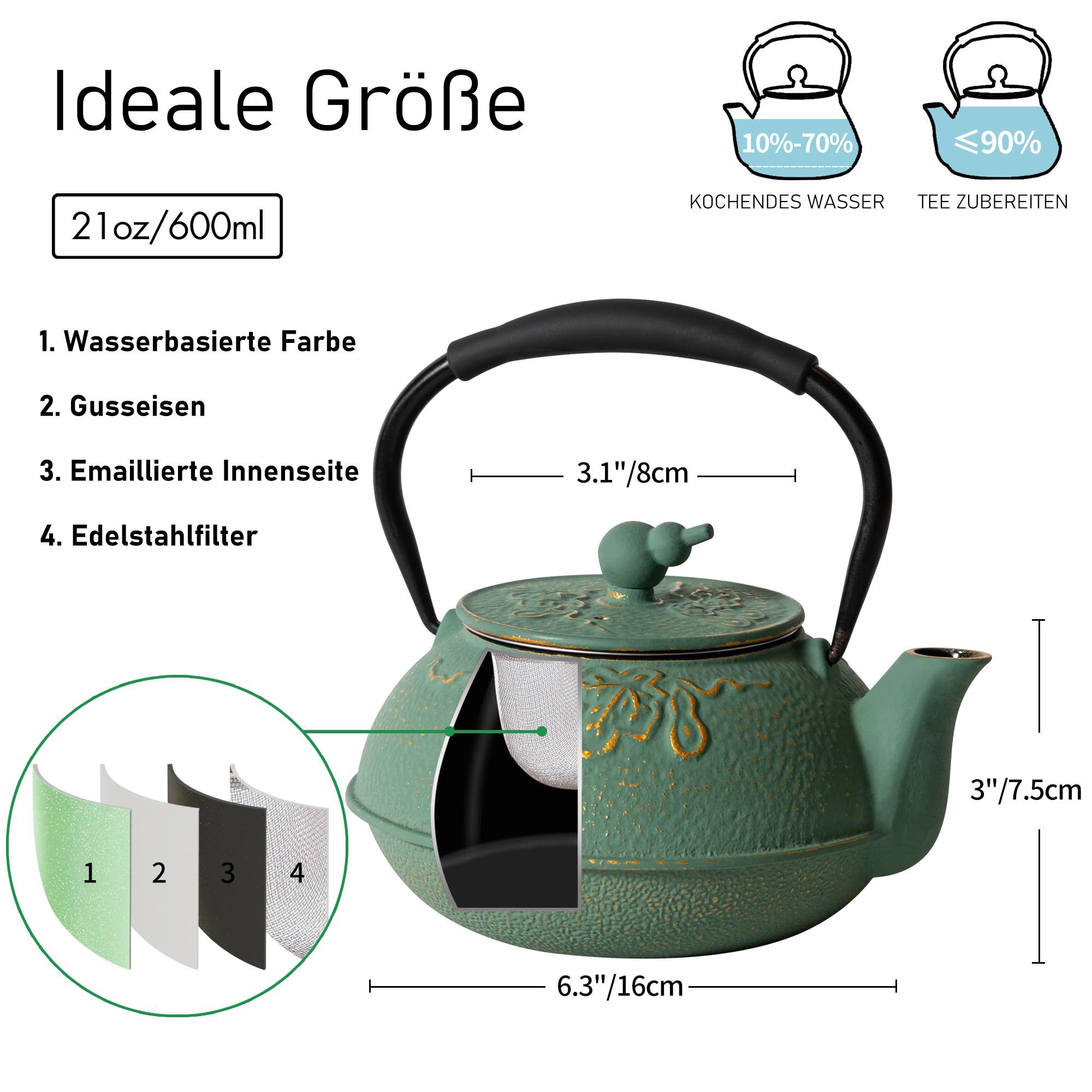 Vankel Teekanne Vielseitige Gusseisen Teekanne Kollektion mit Edelstahlfilter, Mehrere Farben & Muster, hitzebeständig mit Verbrühschutzgriff