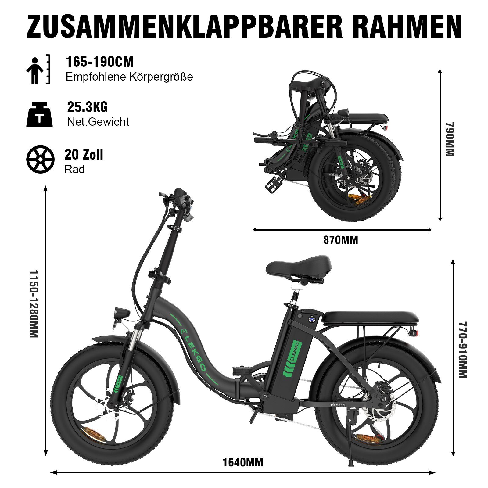 Elektrofahrrad ELEKGO bis 36V12Ah Schwarz E-Bike 20X3,0 shimano, 35-90km, Motor Gang 7 Bürstenloser Akku, E-Mountainbike Kettenschaltung, mit