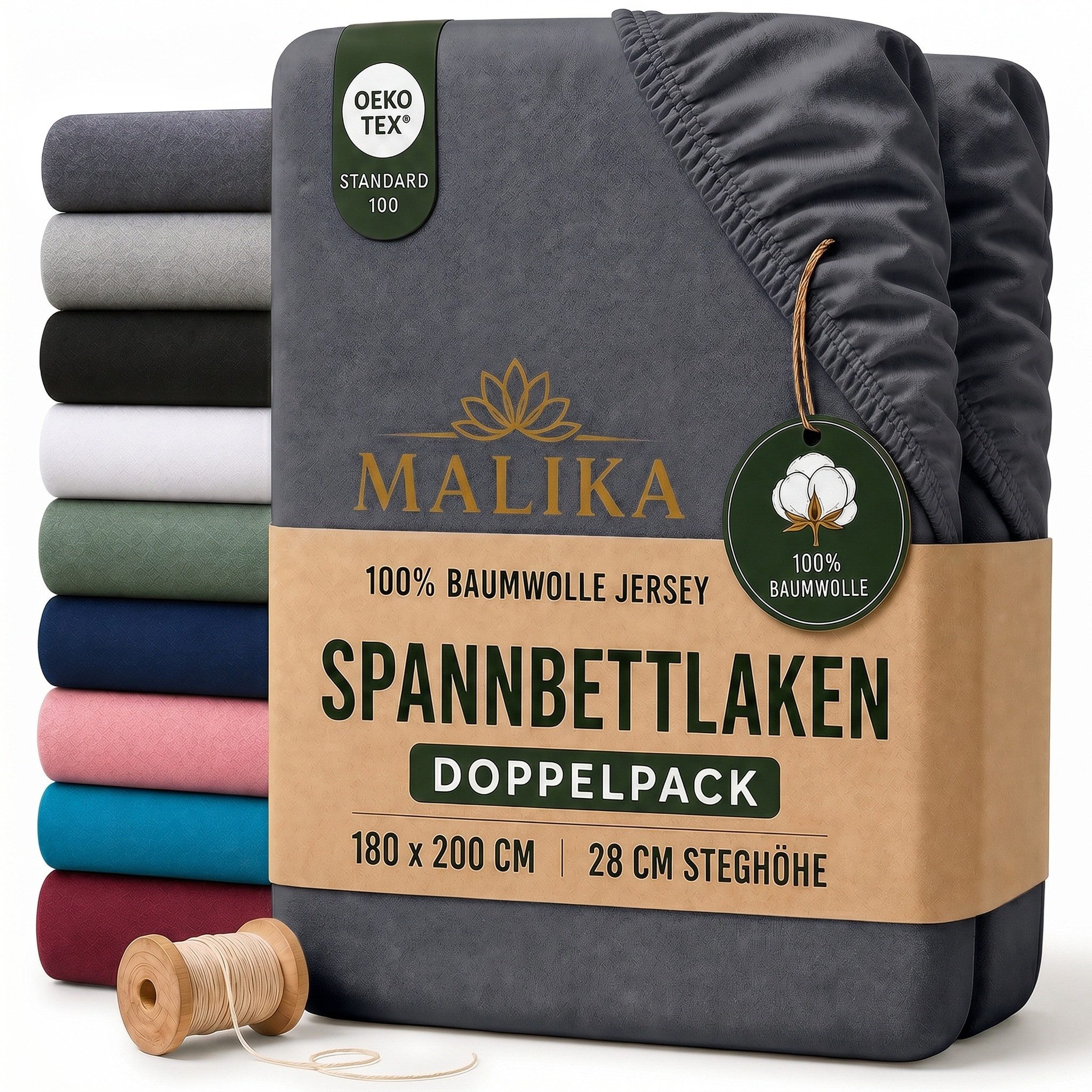 Malika Spannbettlaken aus 100% Baumwolle, 90-100x200, Anthrazit, Jersey Baumwolle, Gummizug: Ja, (2 Stück), Allergikergeeignet, Pflegeleicht und Atmungsaktiv