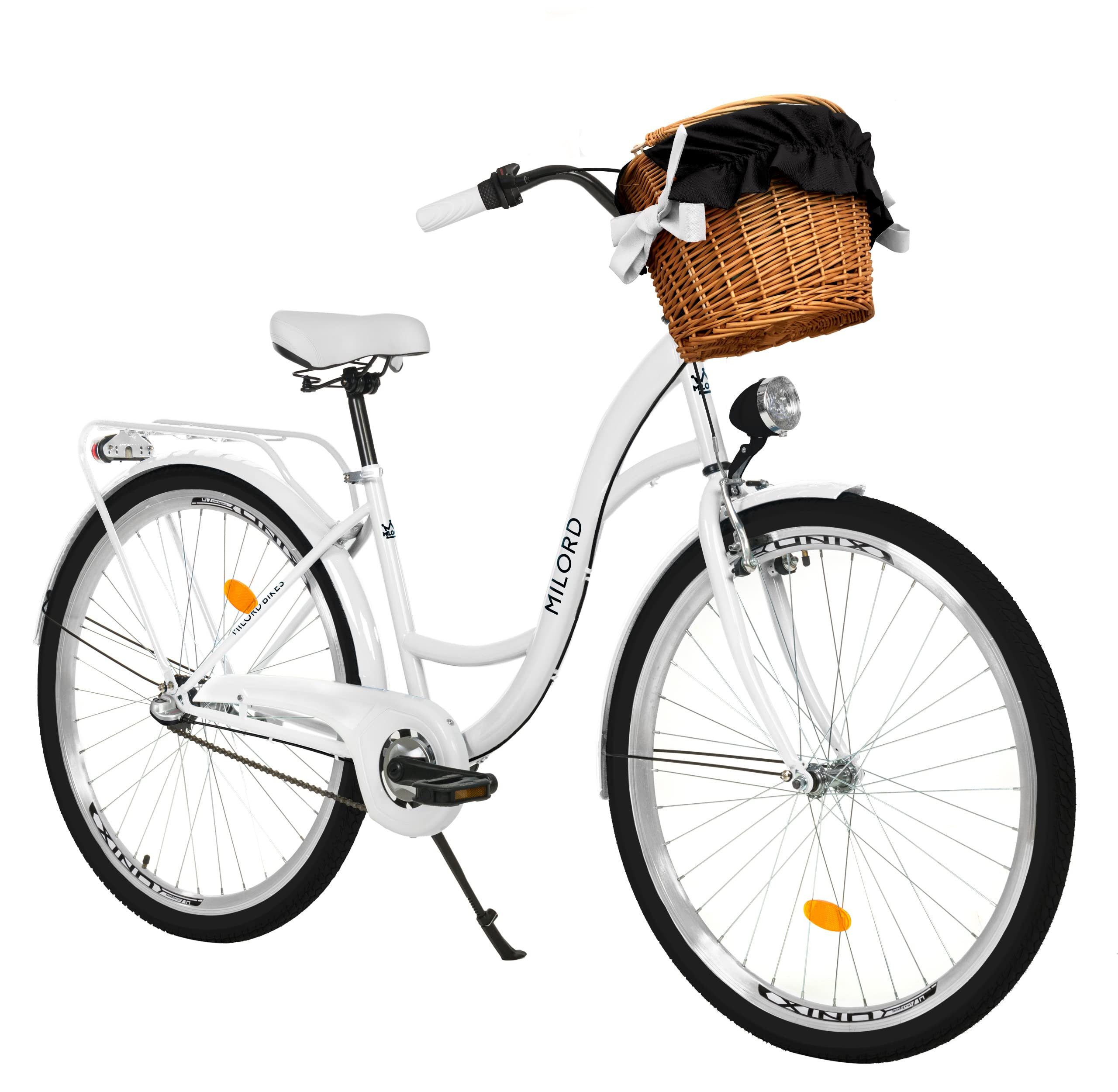 Milord Cityrad Milord City Fahrrad Weidenkorb Damenfahrrad, 28/26 Zoll, Weiß, 3-Gang, 3 Gang, (Fahrradständer, Gepäckträger, Klingel, Korb, Kotflügel), Milord City Fahrrad Weidenkorb Damenfahrrad, 28/26 Zoll, Weiß, 3-Gang