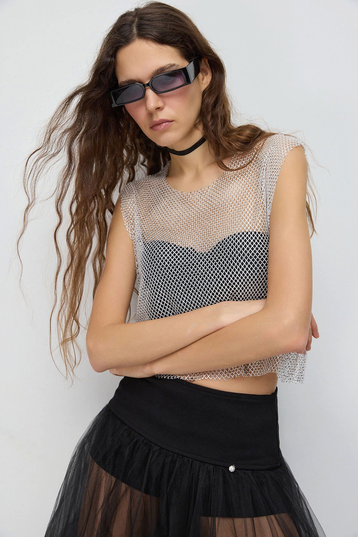 Crop-Top Glitzerndes Strass-Netz-Crop-Top
