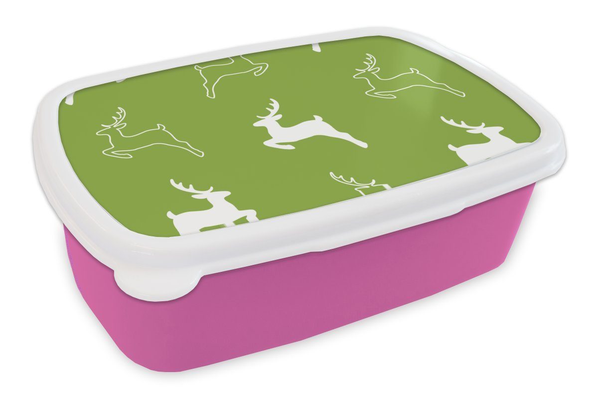 MuchoWow Lunchbox Hirsche - Grün - Muster, Kunststoff, (2-tlg), Brotbox für Erwachsene, Brotdose Kinder, Snackbox, Mädchen, Kunststoff rosa