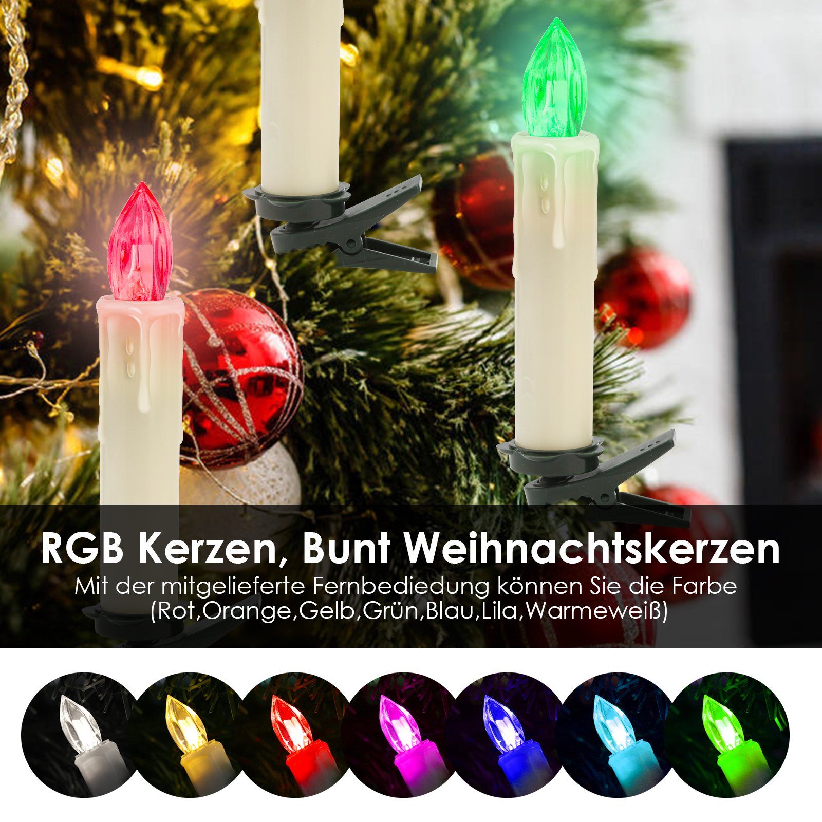 Clanmacy LED-Christbaumkerzen 10-100x LED Weihnachtskerzen Warmweiß+RGB  kabellose Weihnachtsbeleuchtung Kerzen Party