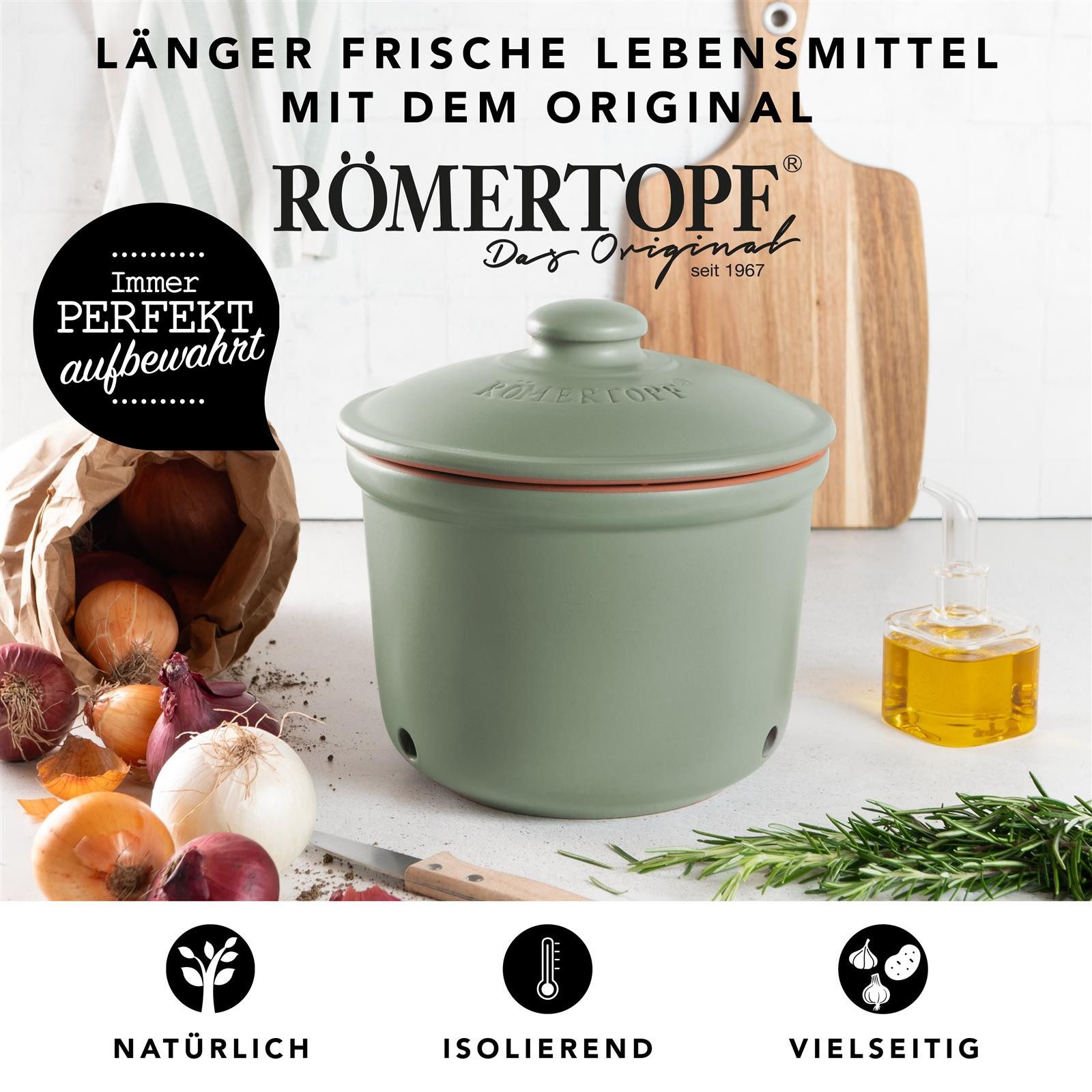 RÖMERTOPF Vorratsdose Frische-Topf MAXI - Zwiebeln Aufbewahrung 2,8 Liter Grün, Keramik, (Set), aus Naturton