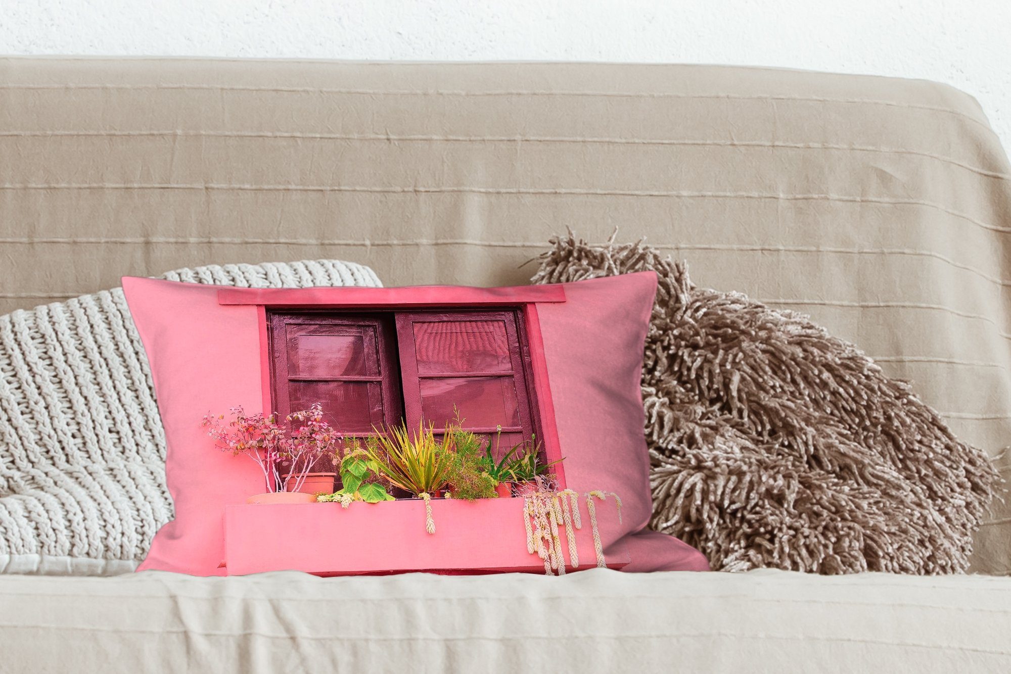 Dekokissen - Rosa Pflanzen Pflanzgefäß, - Dekokissen mit Dekoration, Schlafzimmer MuchoWow Zierkissen, Füllung, Fenster Wohzimmer -