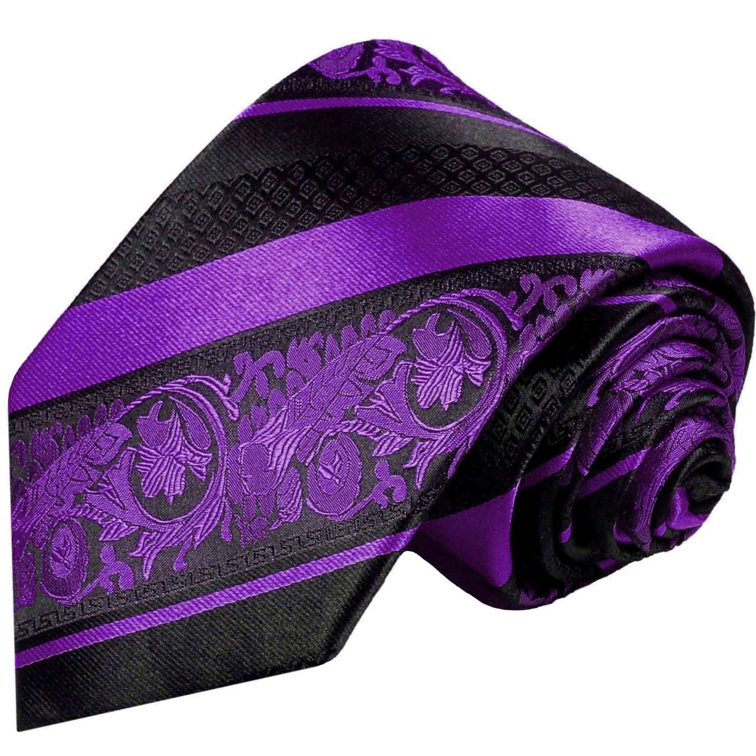 Paul Malone Krawatte Herren Seidenkrawatte Breit (8cm), Krawatte gestreift 2-St., Seide schwarz Schlips Einstecktuch) (Set, Tuch barock mit 498 100% mit lila violett