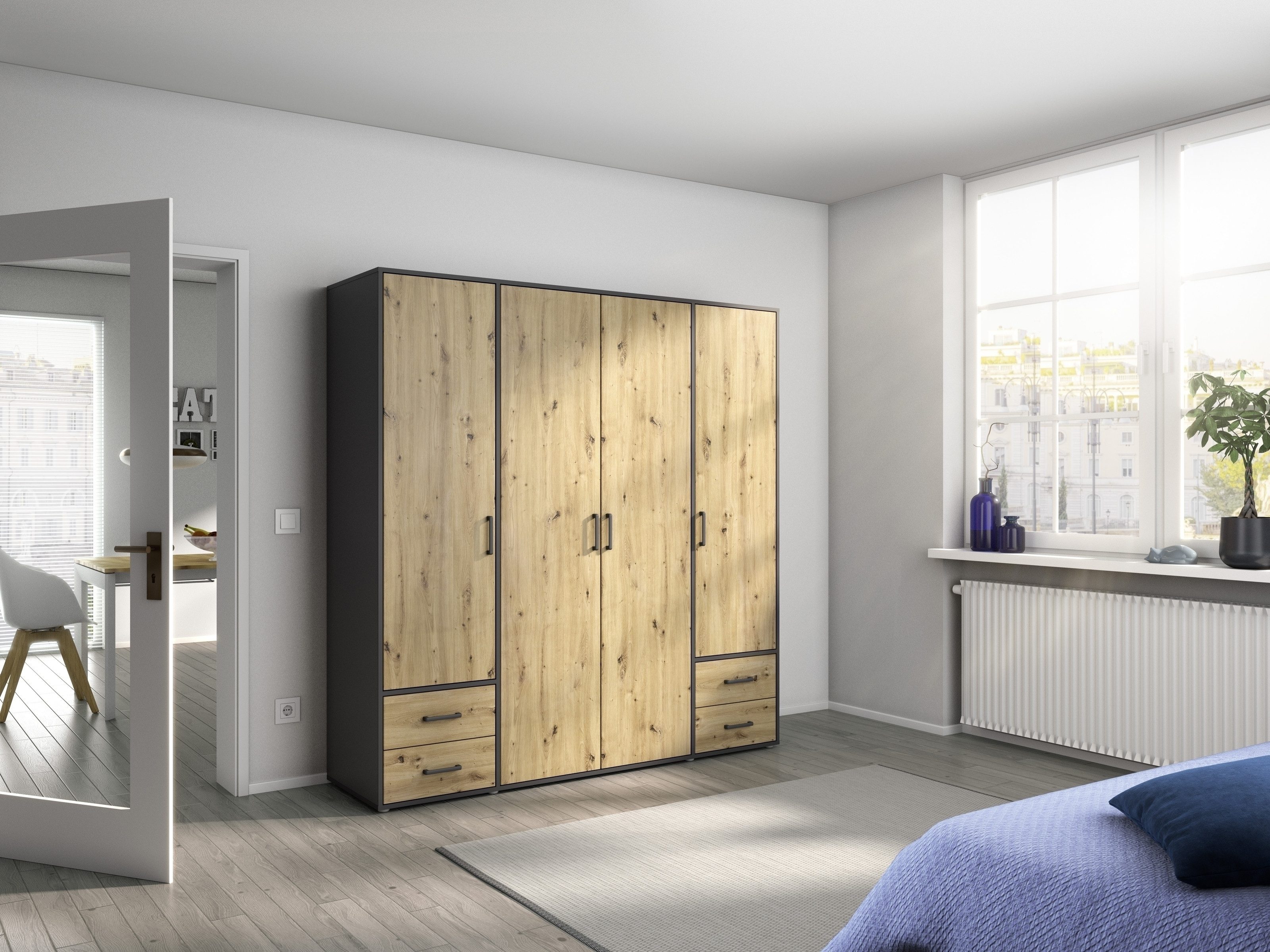 freiraum Drehtürenschrank Voyager 4 Schübe, 5 Böden, Eiche Artisan Dekor / grau - 187x194x53 (BxHxT)