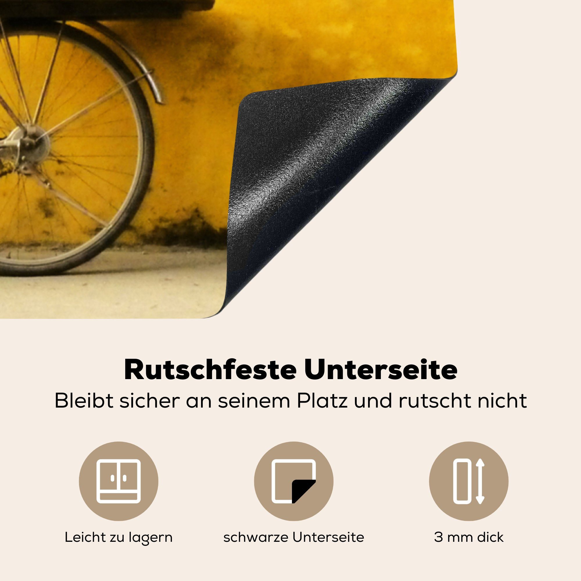 Herdblende-/Abdeckplatte tlg), cm, küche Schwarz 78x78 MuchoWow Ceranfeldabdeckung, - (1 Arbeitsplatte - Vinyl, Gelb, Fahrrad für