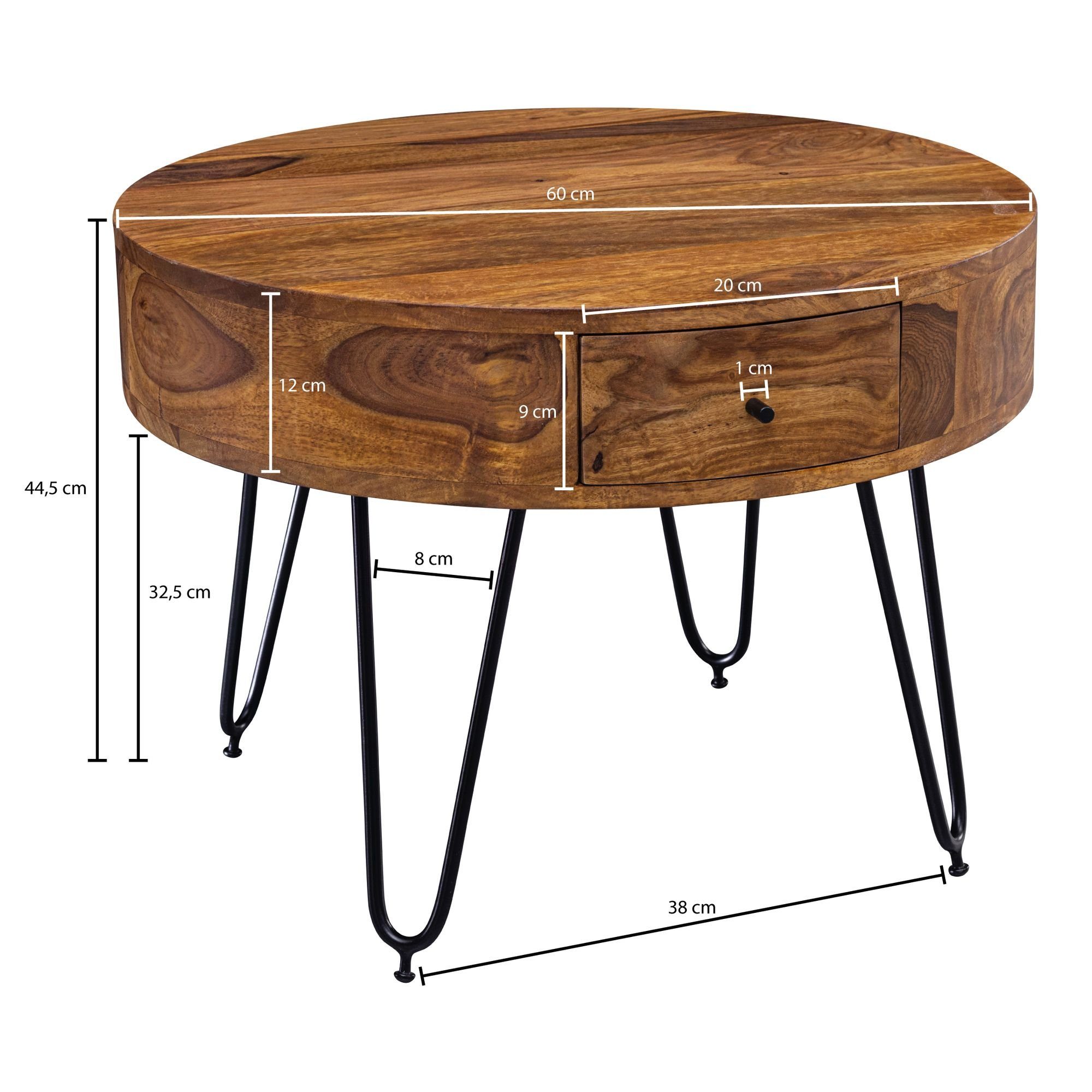lovingHome® Couchtisch Couchtisch 2 Schubladen Palisander Massivholz 60 x 44,5 x 60 cm (1 Stück, 1 Couchtisch mit 1 Schubladen), in modernem Design