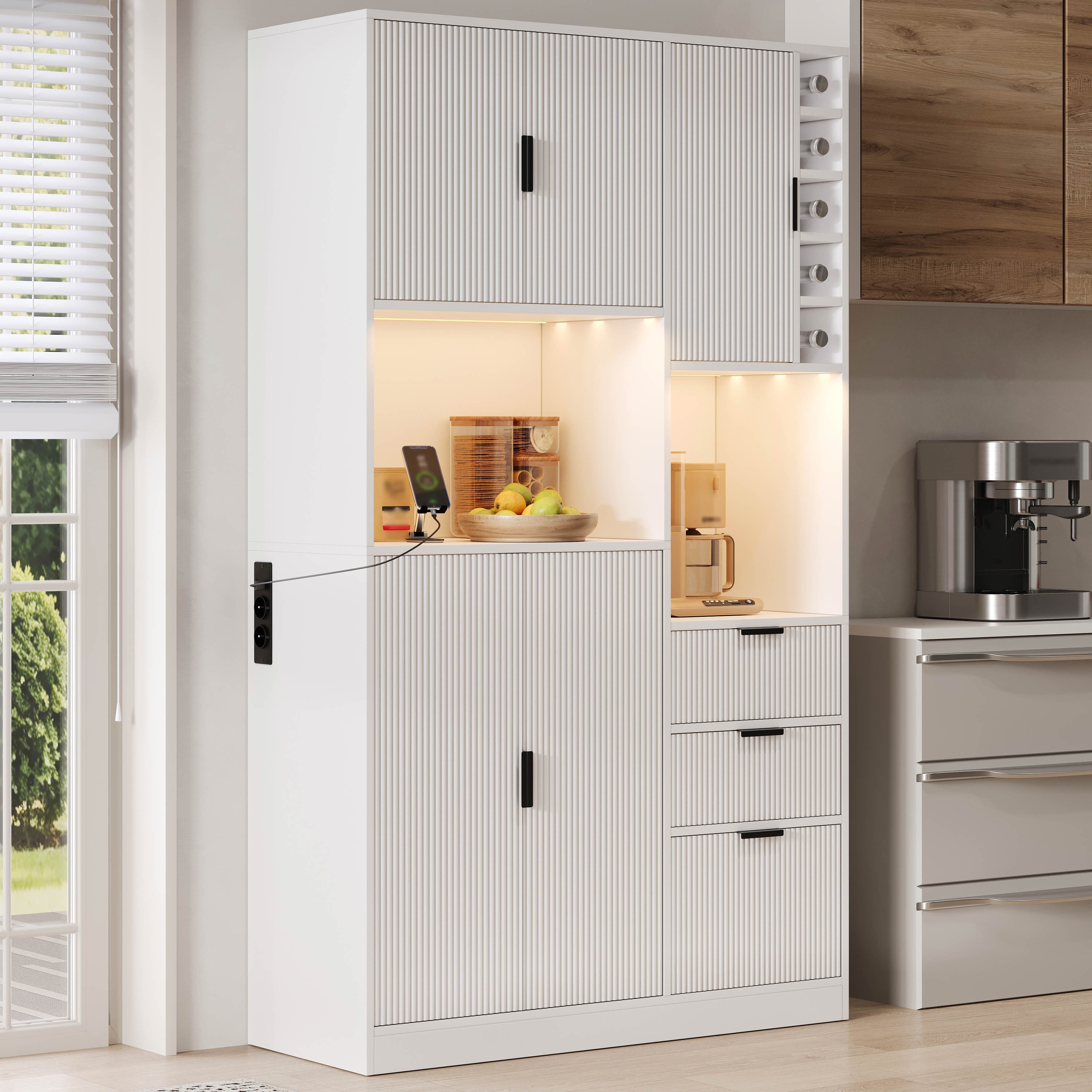 Flieks Küchenbuffet mit Steckdosen, LED-Beleuchtung und verstellbaren Einlegeböden (1-St., B105/T40/H180 cm) Hochschrank Küchenschrank mit verstellbaren Einlegeböden Weiß
