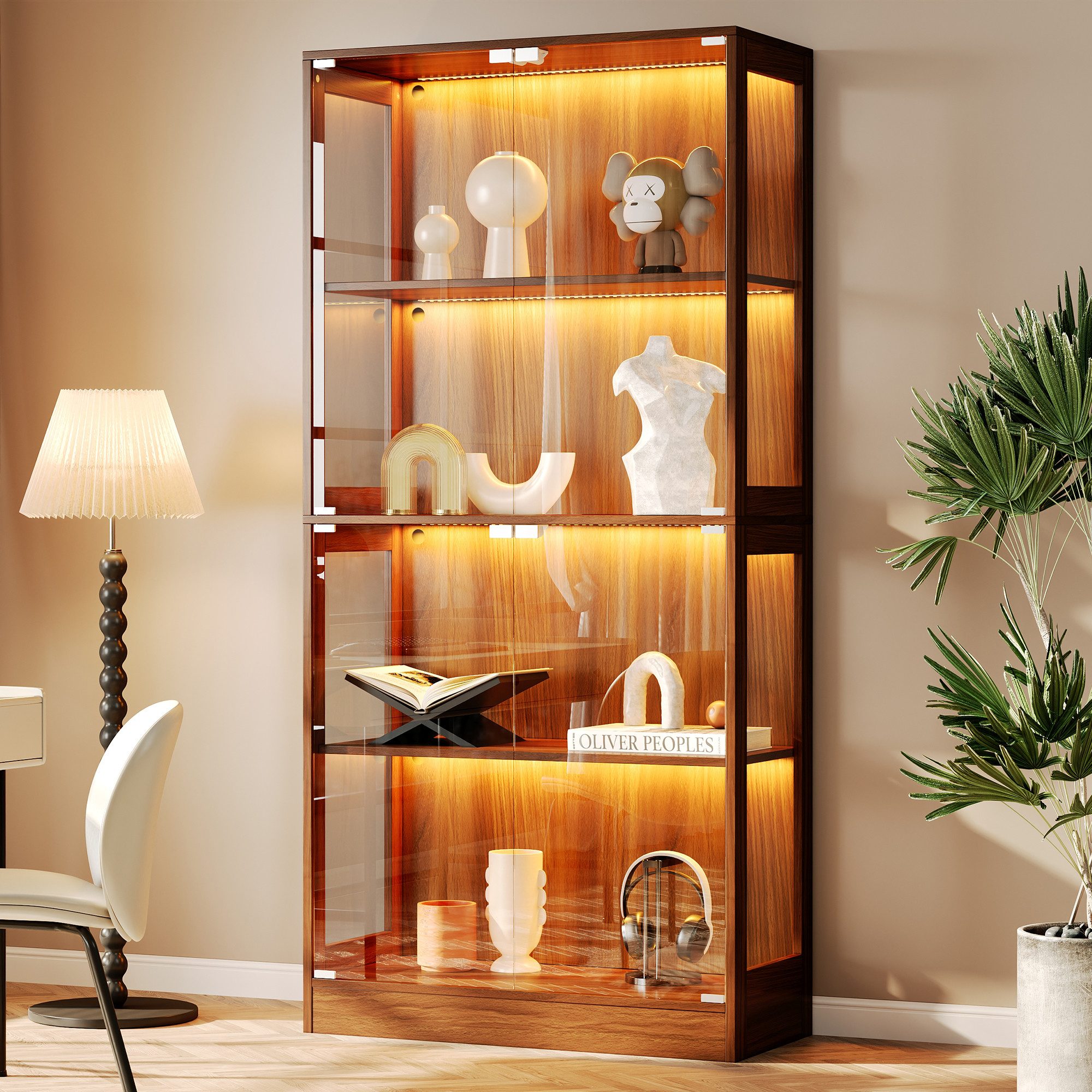 Merax Glasvitrine Vitrine mit LED-Licht, 4 Tür, Multifunktionaler (1-St., Vitrinen mit 4 Ebenen, Vitrinenschrank) für Wohnzimmer, Arbeitszimmer