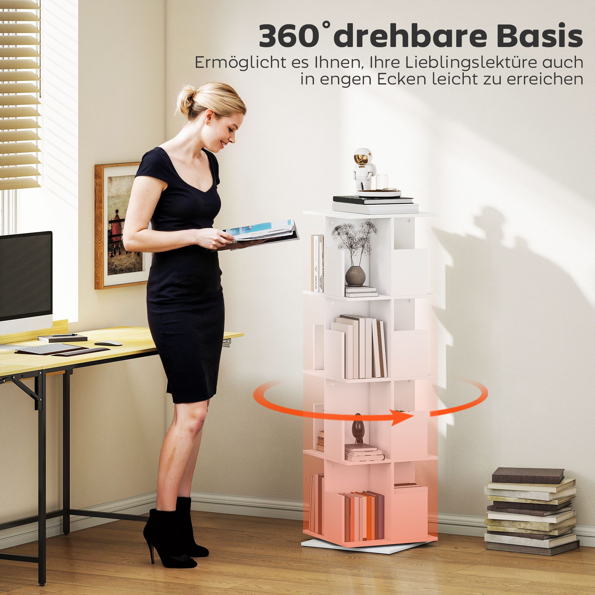 HOMCOM Bücherregal Dekoregal Regal 4 Ebenen, 16 Fächern für Schlafzimmer, Wohnzimmer, Standregale 1-tlg., 360° drehbare Basis, Weiß – Bild 4 von 5