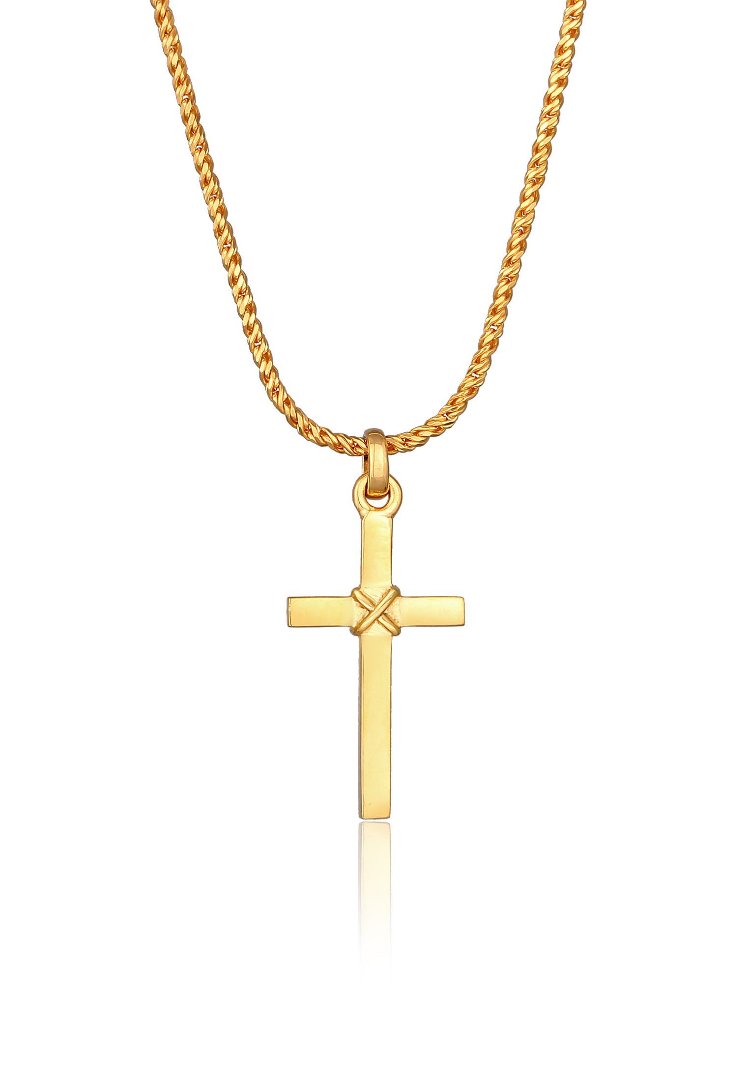 Kuzzoi Kette mit Anhänger Herren Kreuz Flach Kordelkette 925 Silber, Kreuz Gold