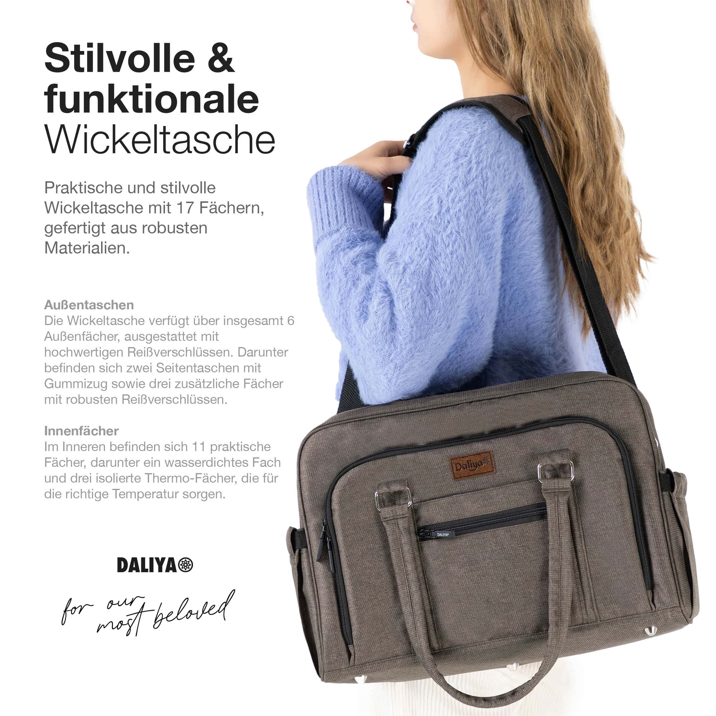 Daliya® Wickeltasche ALPINO PURE Tasche mit praktischen Funktionen, inkl. Wickelunterlage (3-tlg., Wickeltasche, gepolsterte Wickelunterlage, Schulterriemen mit Karabiner), Wickeltasche mit 17 Fächern, Thermo-Fächern und Trolley-Funktion