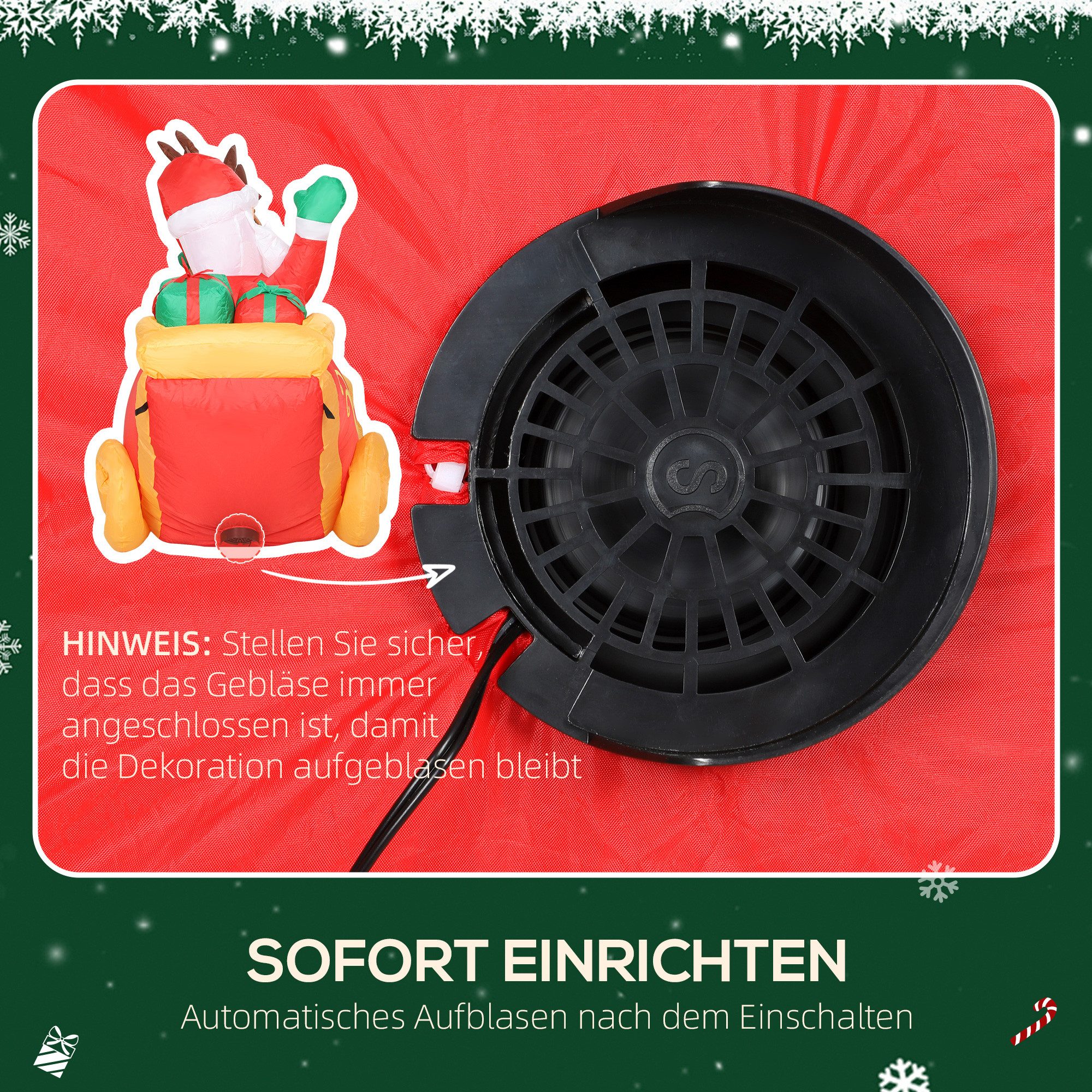 Outsunny Weihnachtsfigur 240 cm Aufblasbare Weihnachtsdeko für Rasen, Hof und Garten (Weihnachtsdekoration, 1 St., Weihnachtsmann in Rentierschlitten), LED-Lich – Bild 5 von 5