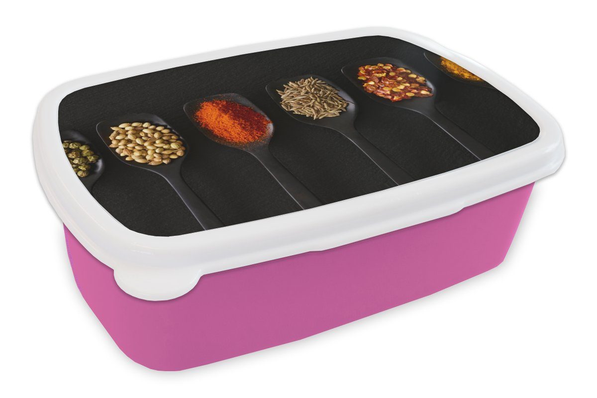 MuchoWow Lunchbox Löffel - Gewürze - Schwarz - Gewürze - Rustikal, Kunststoff, (2-tlg), Brotbox für Erwachsene, Brotdose Kinder, Snackbox, Mädchen, Kunststoff rosa | Lunchboxen