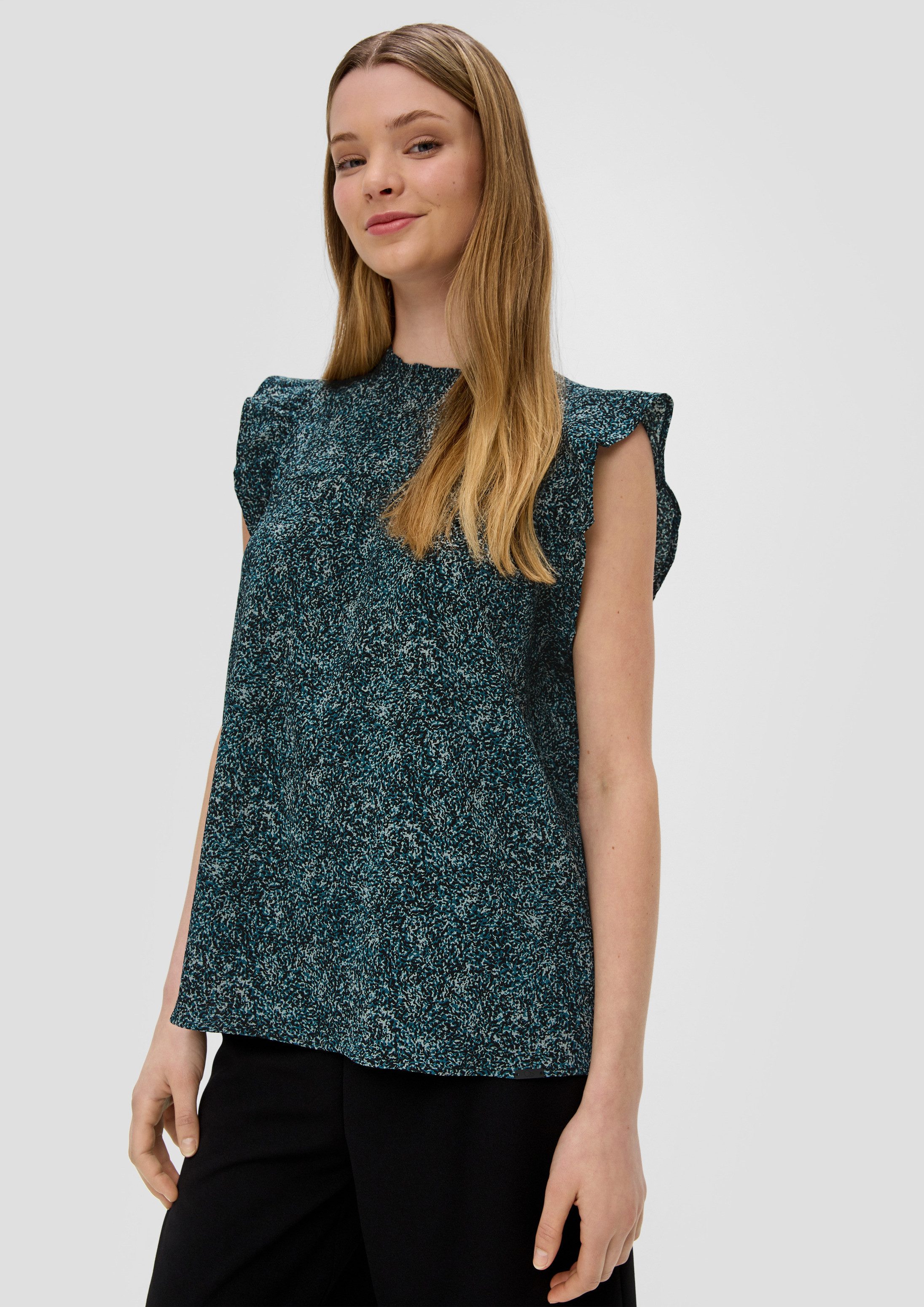 QS Blusentop Bluse Gemusterte Bluse mit Volant-Ärmeln