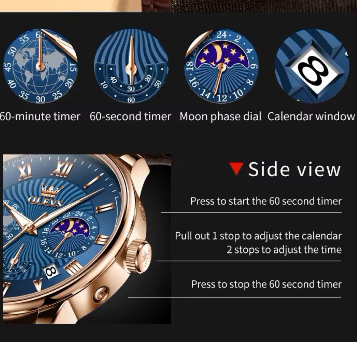 OLEVS Quarzuhr Herren Olevs Chronograph Uhr – Lederarmband, klassisch elegant