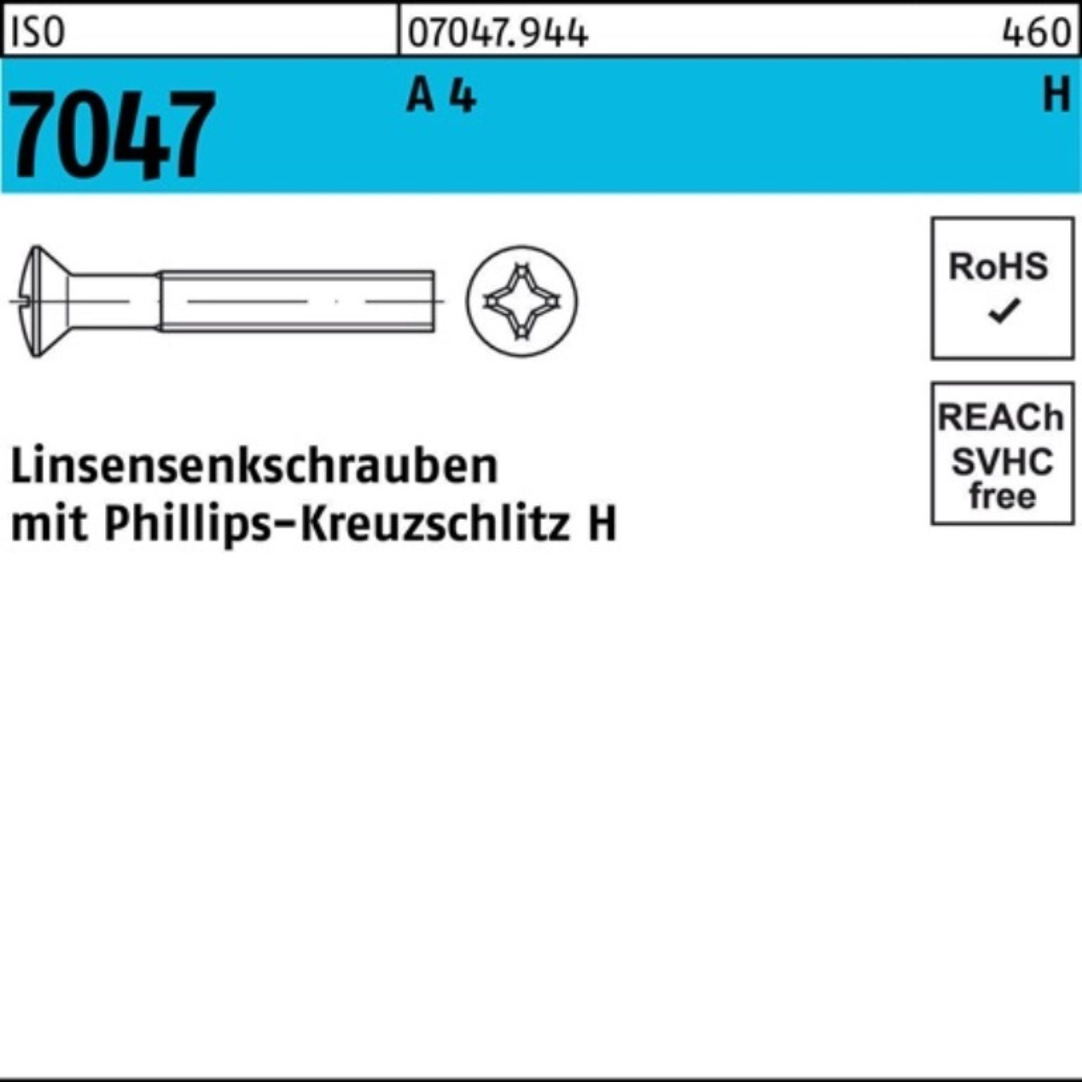 Linsensenkschraube Reyher 60-H 100 7047 Pack Linsenschraube ISO 4 Stück A PH 100er M8x ISO