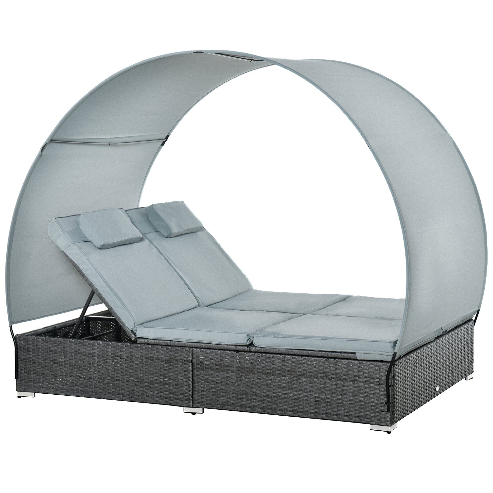 Outsunny Gartenliege Rattan Gartenliege für 2 Personen mit Sonnendach, Sonnenliege, 1 St., Doppelliege, Metall 196L x 137B x 36.5H cm