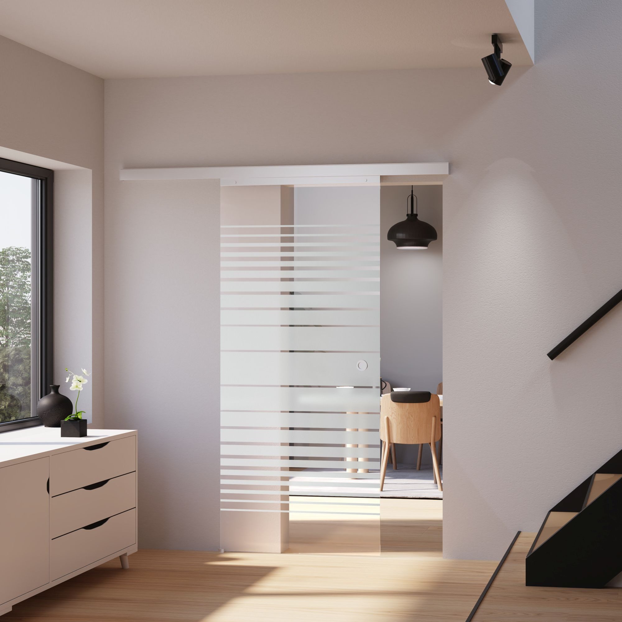 inova wohnen Glasschiebetür Streifen Dekor 88 x 203,5 cm, Komplett Set mit Schienensystem und Softclose
