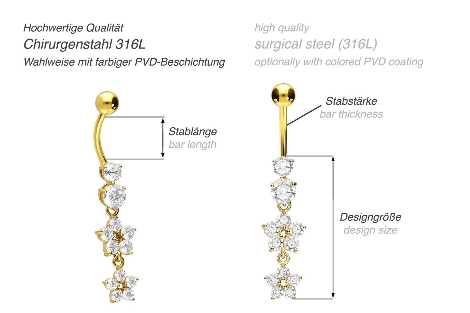 PIERCINGLINE Bauchnabelpiercing Chirurgenstahl Bananabell 2 KRISTALLBLUMEN günstig online kaufen