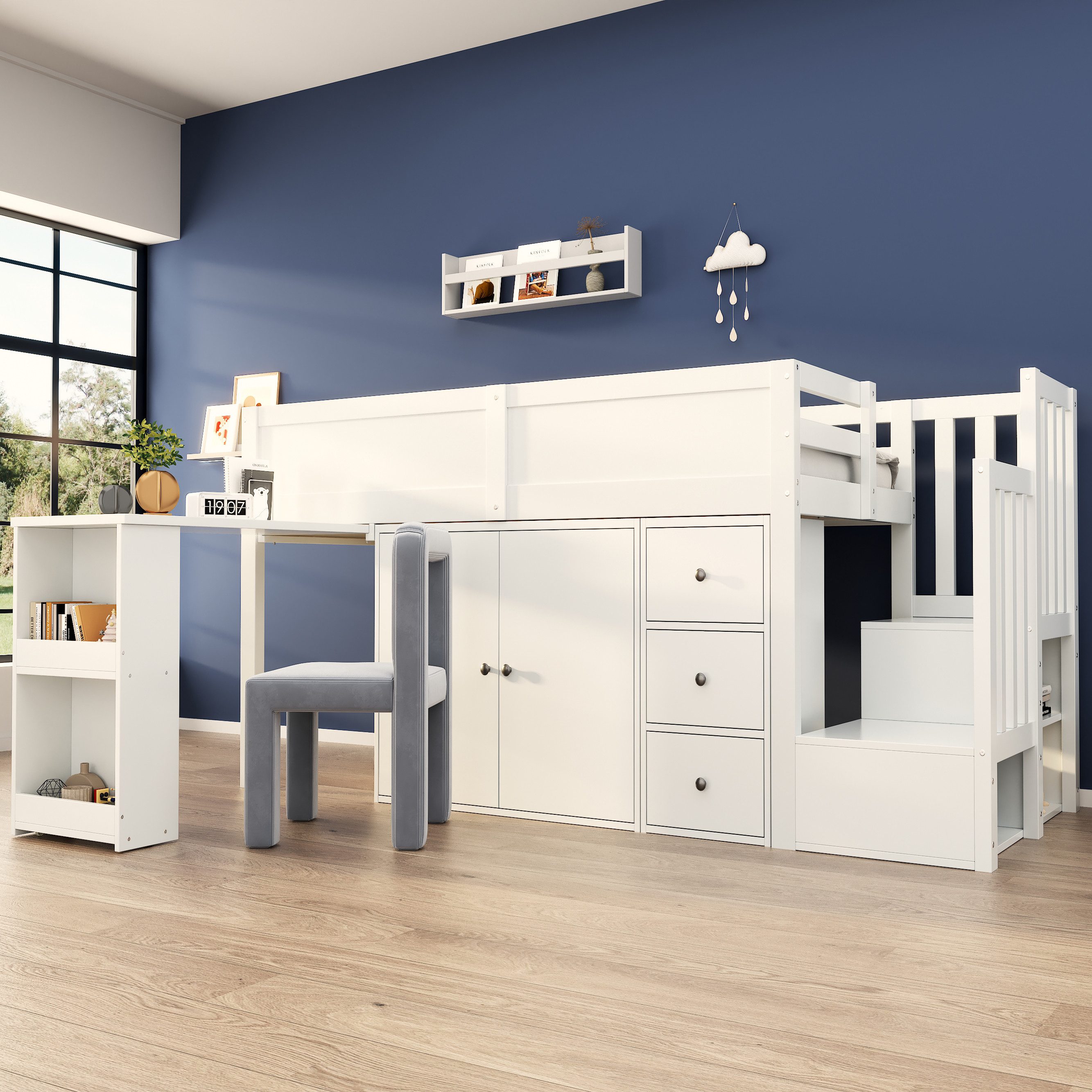 Flieks Hochbett Kinderbett 90x200cm mit ausziehbarem Schreibtisch Schrank S günstig online kaufen