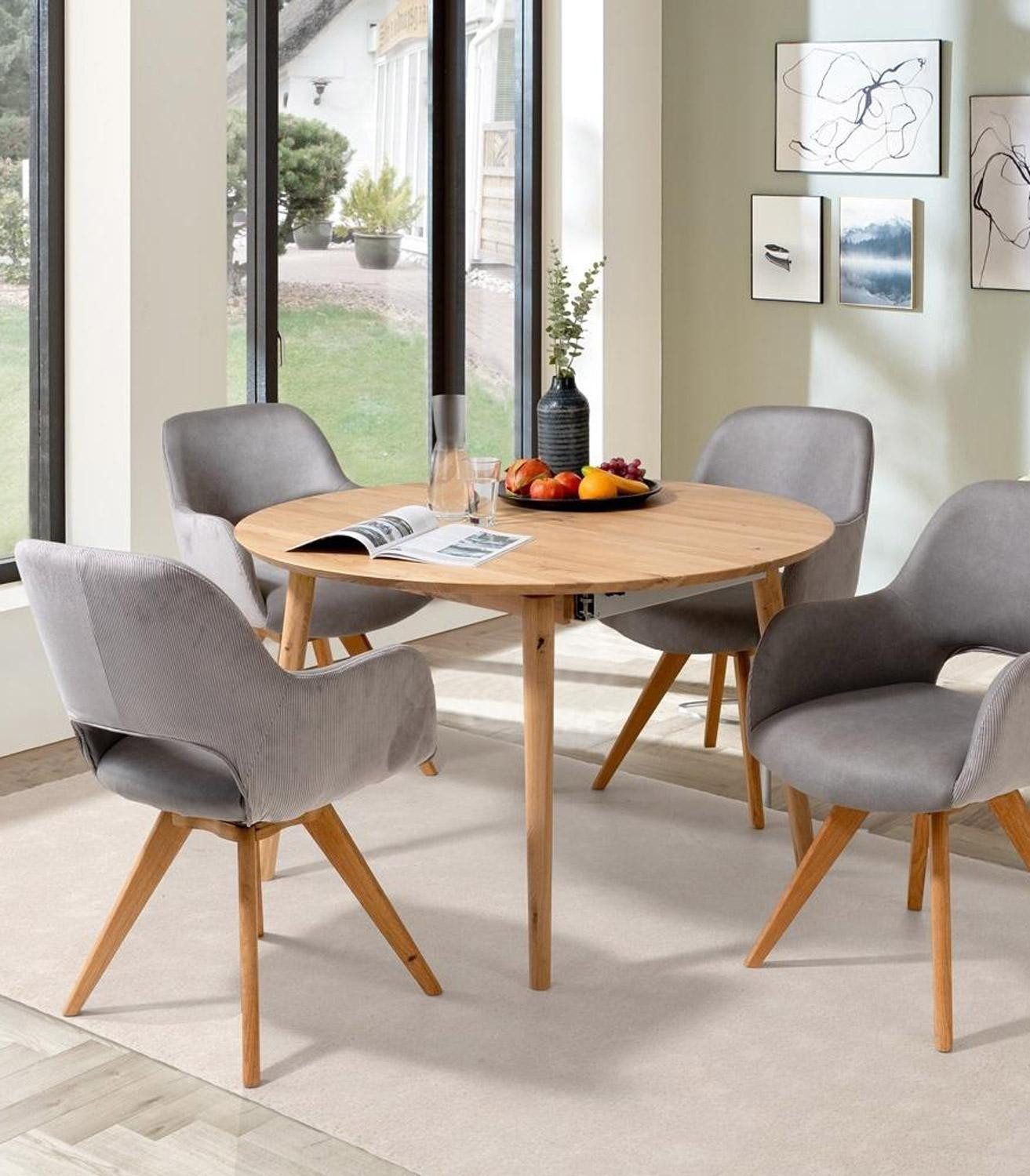 G+K Möbelvertriebs GmbH Esstisch TI-0076, Rund, Ø 120 cm, Wildeichenholz massiv, Ausziehbar bis zu einer Breite von 165 cm