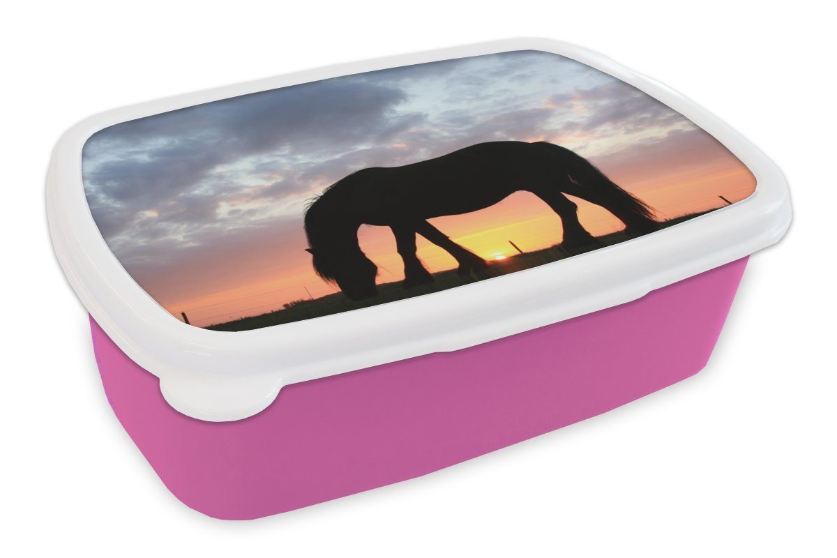 MuchoWow Lunchbox Pferde - Sonne - Wiese, Kunststoff, (2-tlg), Brotbox für Erwachsene, Brotdose Kinder, Snackbox, Mädchen, Kunststoff rosa