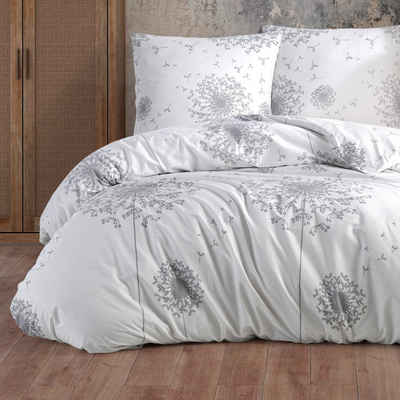 Bettwäsche, Buymax, Renforcé: 100% Baumwolle, 2 teilig, 135x200 cm, Bettbezug-Set mit Reißverschluss Blumen Blätter, Weiß Grau