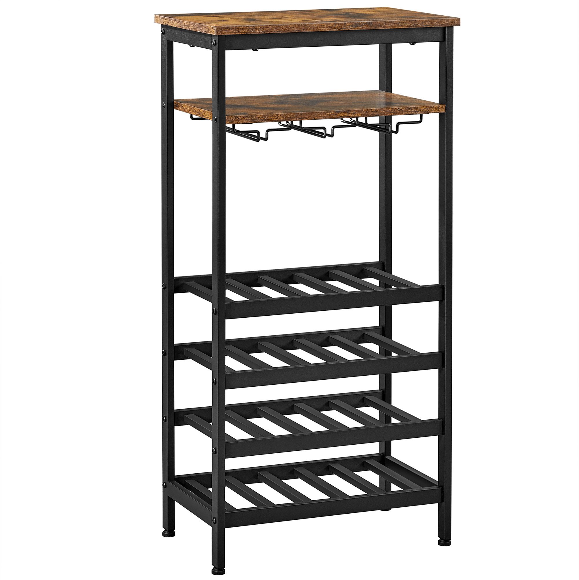 VASAGLE Weinregal Flaschenregal, für Keller, Küche, Esszimmer, 32 x 50 x 100 cm, für 20 Flaschen, mit Glashalter, vintagebraun-schwarz