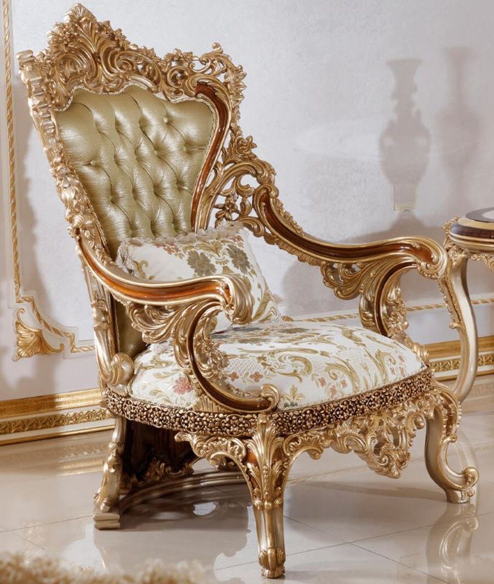Casa Padrino Sessel Luxus Barock Sessel Grün / Weiß / Mehrfarbig / Braun / Gold - Prunkvoller Wohnzimmer Sessel mit elegantem Muster - Barock Wohnzimmer & Hotel Möbel - Edel & Prunkvoll