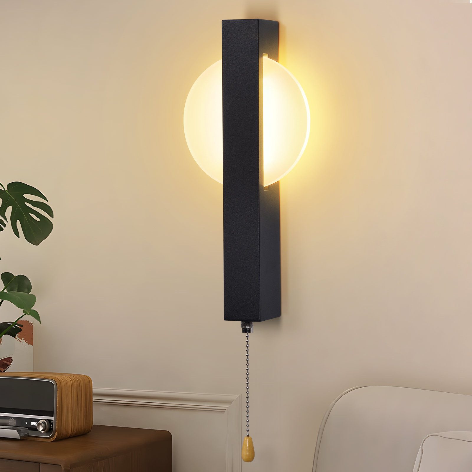 Nettlife LED Wandleuchte Innen Schnurschalter Flurlampe Schwarz Modern Wandleuchte Warmweiß, LED fest integriert, Warmweiß, Wandlampe für Schlafzimmer, Wohnzimmer, Flur