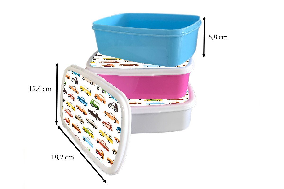 MuchoWow Lunchbox Muster - Kinder für Kind, Mädchen - Brotdose, Retro - Kunststoff, Kinder Erwachsene, Auto - Brotbox weiß Jungs und - und (2-tlg), für Jungen