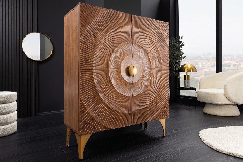 riess-ambiente Highboard GOLDEN SUNSET 120cm braun/gold - Massivholz, 3D-Front mit Ornament (Einzelartikel, 1 St), Design Schrank mit Stauraum & Türen – ideal für Wohn- oder Esszimmer