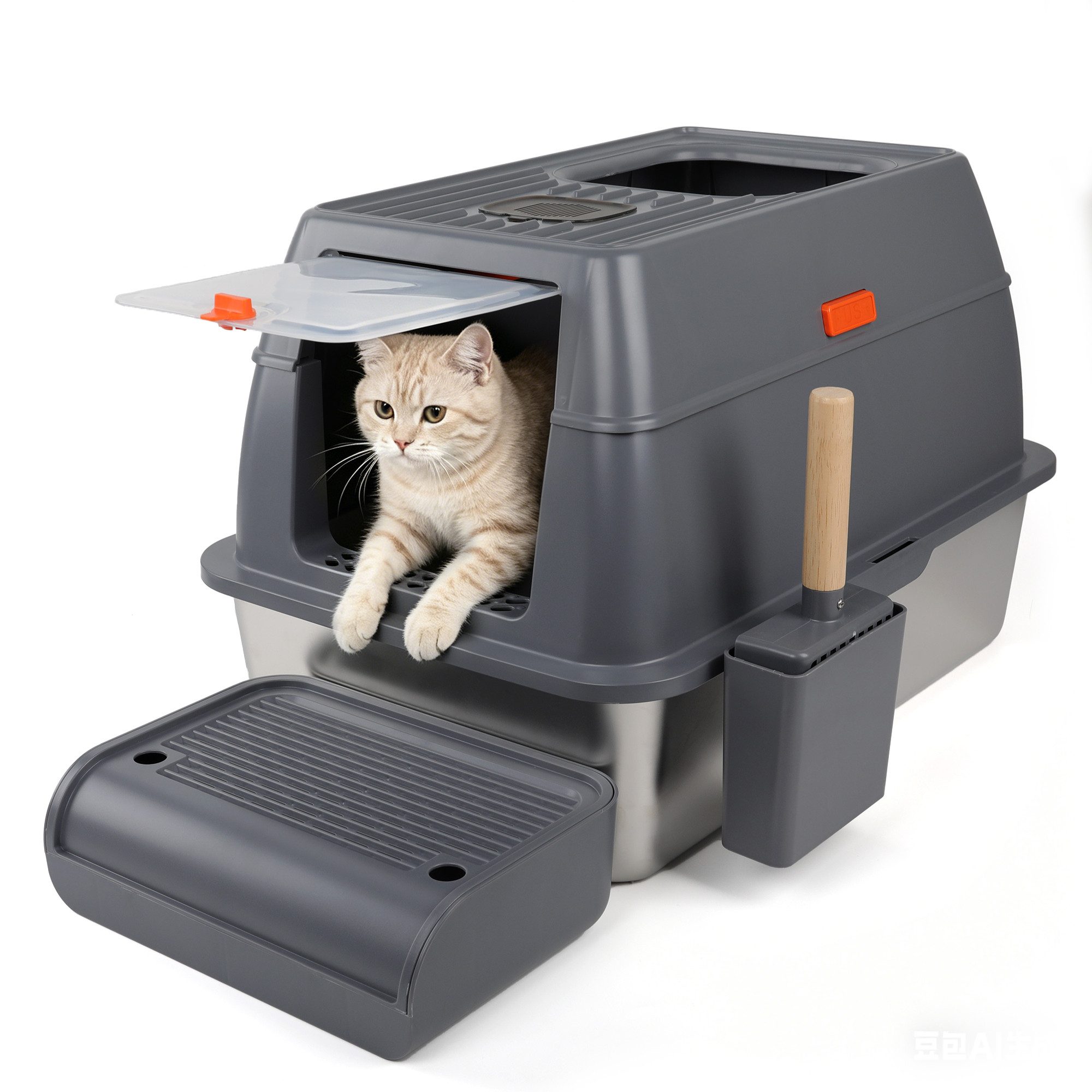 DAITORE Katzenecktoilette XXL Edelsthal Katzenklo mit 180° Klappdeckel, Große Geschlossene Katzentoilette Edelstahl mit Deckel