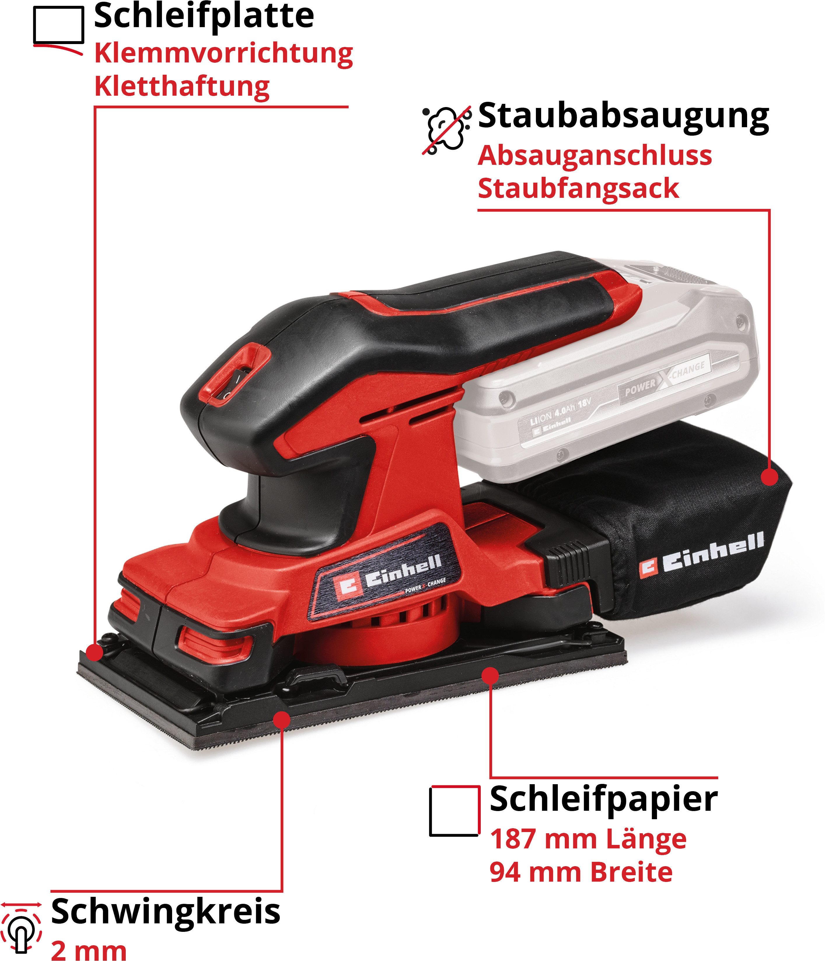 Einhell Schwingschleifer Akku-Schwingschleifer TC-OS 18/187 Li Solo, 24000 U/min, (2 tlg), ohne Akku und Ladegerät