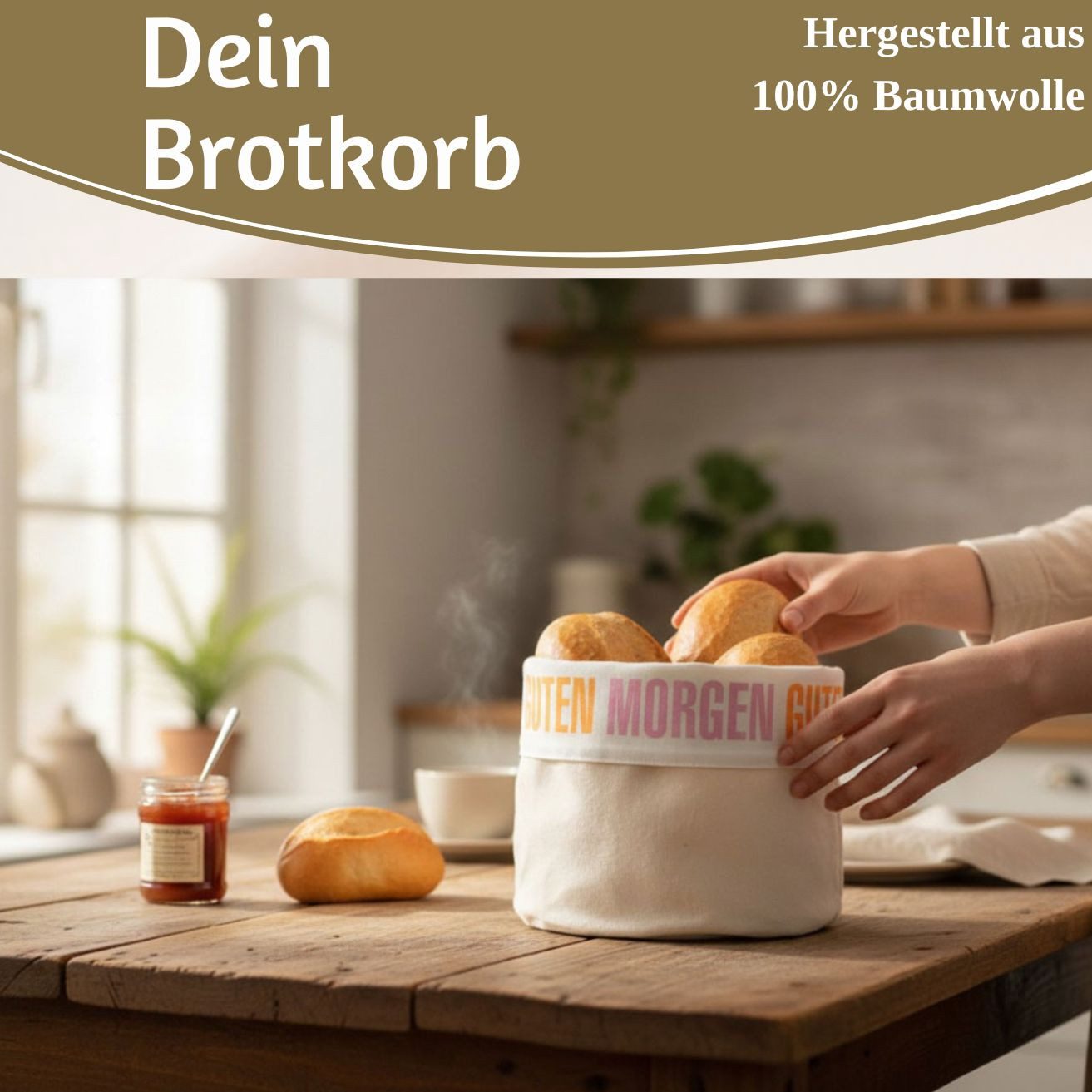 LS-LebenStil Brotkorb Brotkorb Stoffkörbchen Guten Morgen 100% Baumwolle Brotkörbchen, Baumwolle, (Frühstückskorb mit Spruch Stoff Brötchenkorb Brotaufbewahrung – Bild 3 von 5