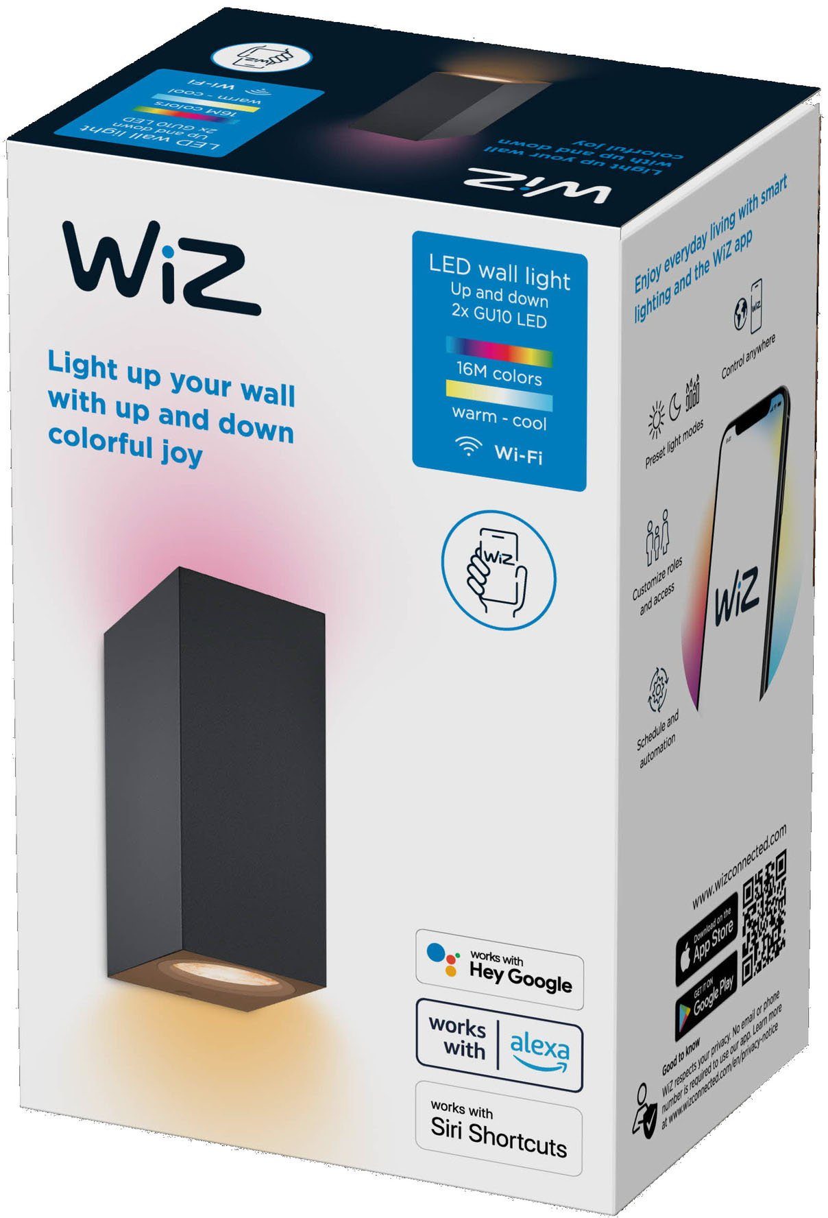 WiZ LED Wandstrahler Up&Down, Bluetooth, Leuchtmittel wechselbar, warmweiß  - kaltweiß, Auf- und abwärts scheinende Spots, Sprachsteuerung mit Google  Assistant, Alexa oder Siri Shortcuts