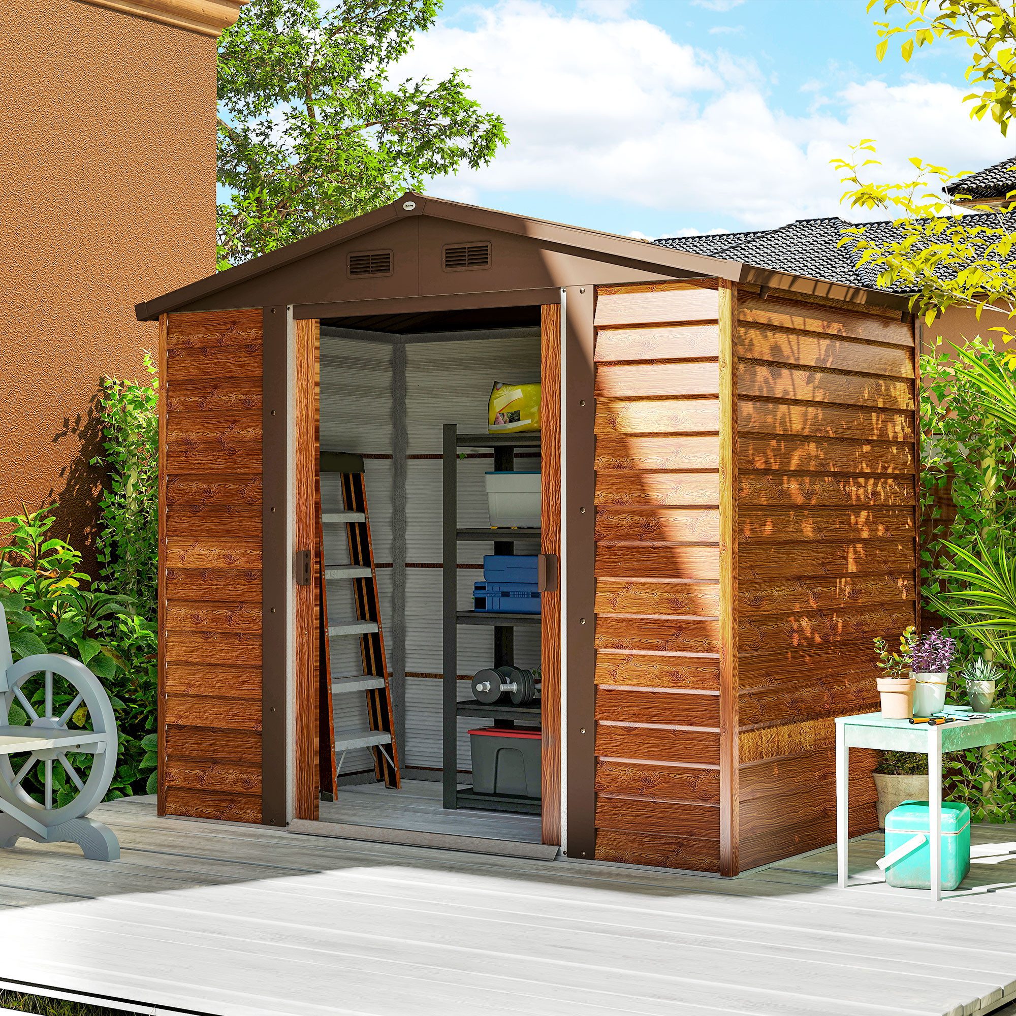 Outsunny Gerätehaus Gerätehaus Metall im Holzoptik 3 m² mit Satteldach, BxT: 152x235,7 cm, (Gartenschuppen im Holzoptik, 1 St., Geräteschuppen aus Metall), 152 x 235,7 x 208,7 cm, für Garten, Balkon, Hinterhof Braun