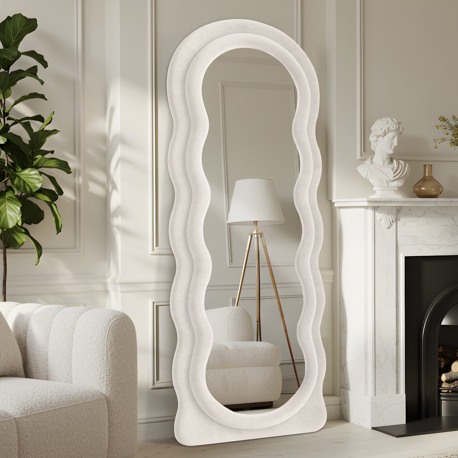 LUNAMIRROR Ganzkörperspiegel im gewellte Form, Samtbezug, Holzrahmen (1-St), stehend & hängend, 160x60 cm, Weiß/Beige