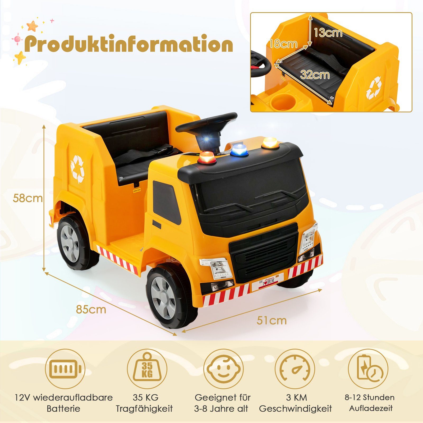 COSTWAY Elektro-Kinderauto 12V Müllwagen, inkl. gelb 6 Zubehör