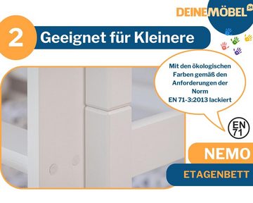 Deine Möbel 24 Etagenbett Hochbett Kinderbett NEMO für 2 Kinder 80x180 90x200 Weiß (Matratzen optional, Bett, Lattenrost, Rausfallschutz unten gratis, 2 Schubladen, Leiter), aus Vollholz Kiefernholz, in 2 Einzelbetten umbaubar