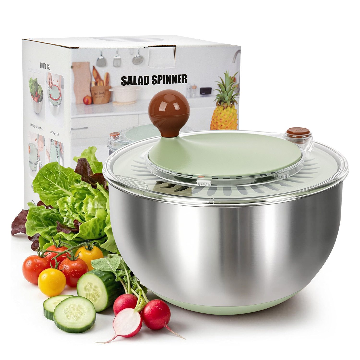 OSTWOLKE Salatschleuder Edelstahl mit Kurbelantrieb 5L Groß Salat Schleuder, 2 i im Vergleich