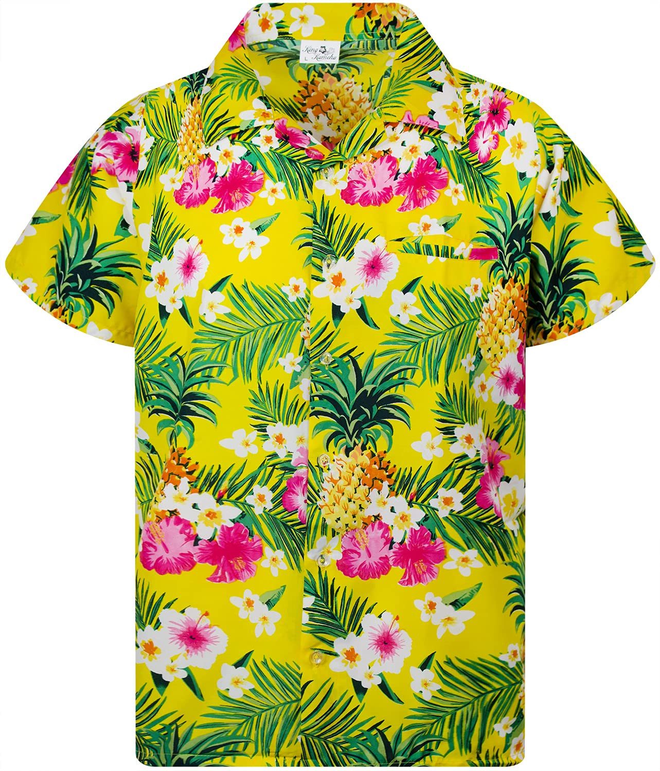 King Kameha Hawaiihemd Pineapple Flowers Kids Funky Hawaii-Hemd Kinder Kurzarm Front-Tasche